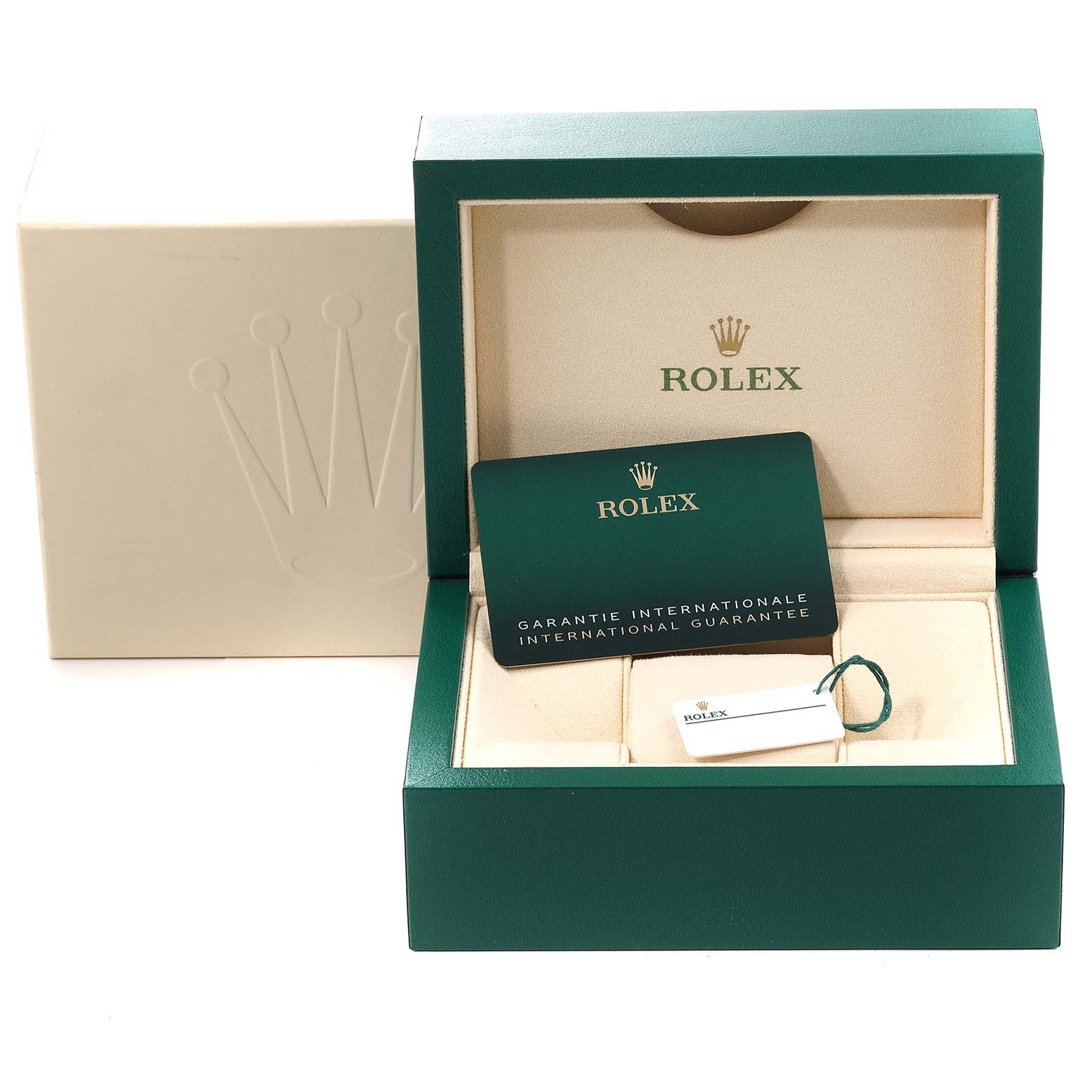 This image shows the box and warranty card for a Rolex Oyster Perpetual 124300 Men's Stainless Steel Silver Dial 124300 Men's Stainless Steel Silver Dial watch, with clearly visible branding.