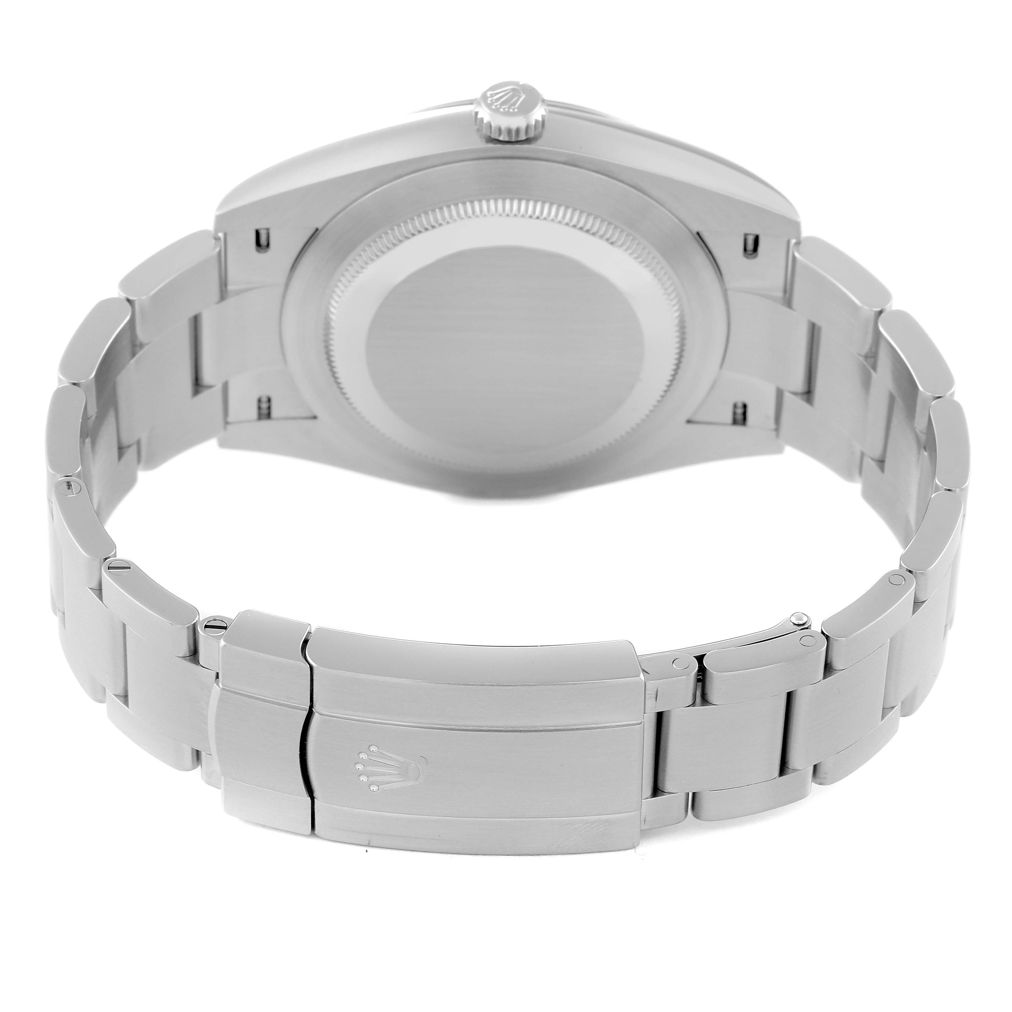 The image shows the back view of a Rolex Oyster Perpetual 124300 Men's Stainless Steel Silver Dial 124300 Men's Stainless Steel Silver Dial watch, highlighting its case back, crown, and bracelet with clasp.