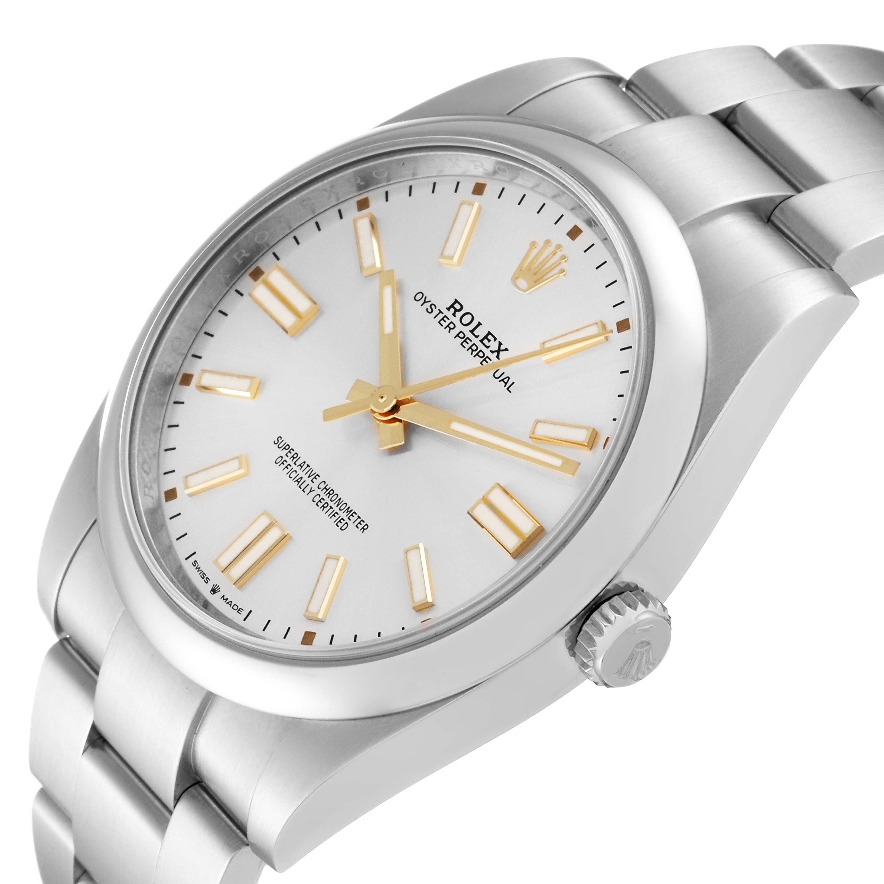 The image shows an angled view of a Rolex Oyster Perpetual 124300 Men's Stainless Steel Silver Dial 124300 Men's Stainless Steel Silver Dial watch, highlighting the dial, crown, and bracelet.