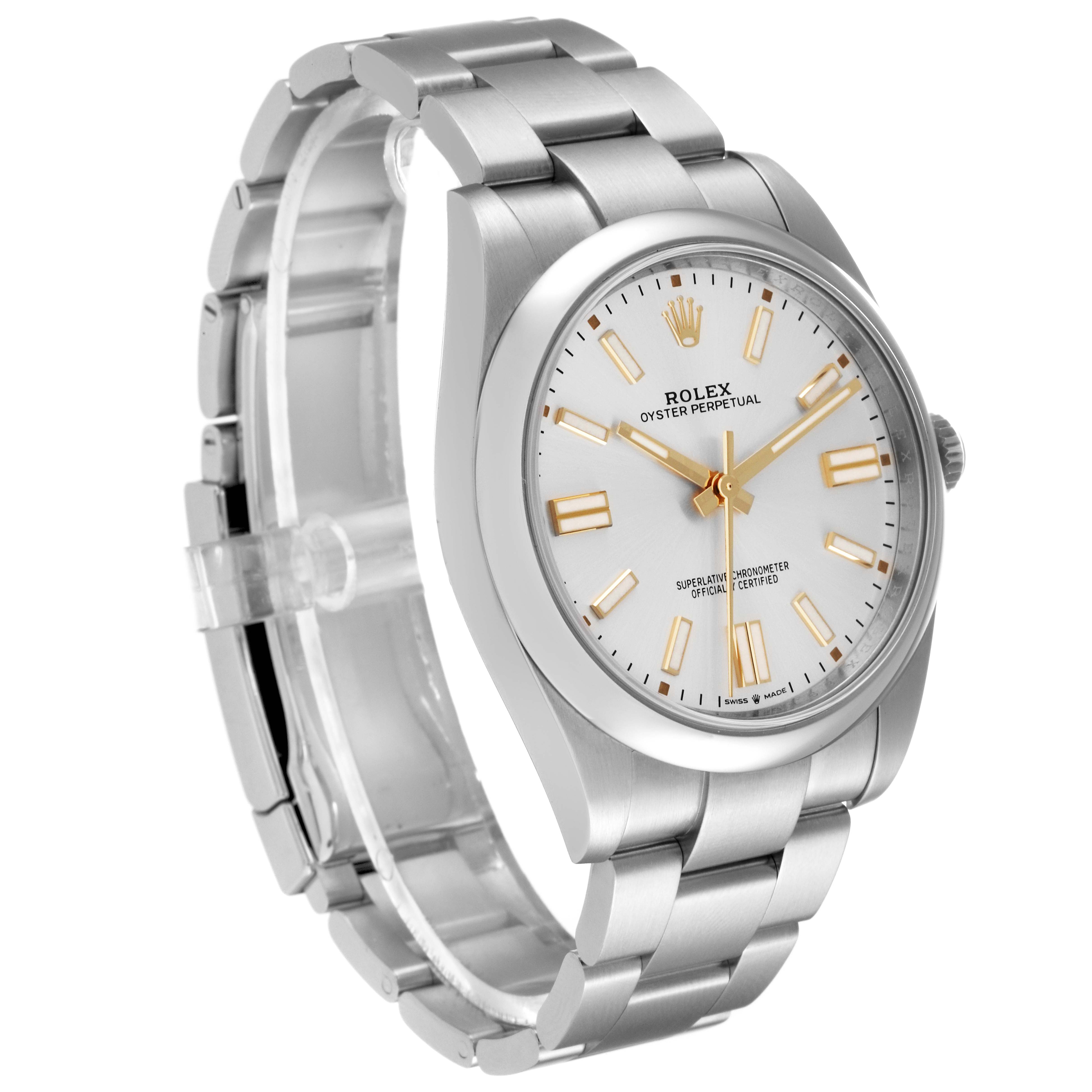 The image shows a Rolex Oyster Perpetual 124300 Men's Stainless Steel Silver Dial 124300 Men's Stainless Steel Silver Dial watch angled to display its face, bezel, and bracelet.