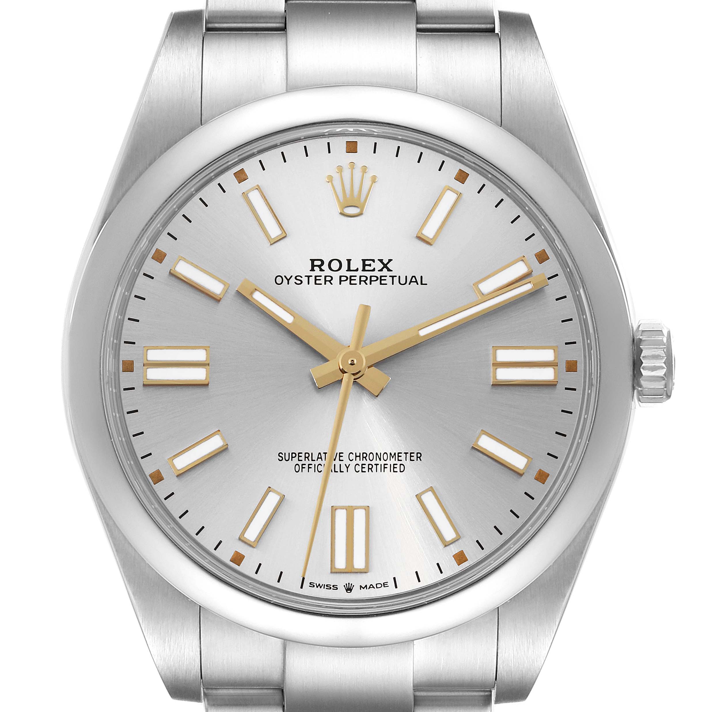 The Rolex Oyster Perpetual 124300 Men's Stainless Steel Silver Dial 124300 Men's Stainless Steel Silver Dial watch is shown from the front, highlighting its dial, hands, crown, and part of the bracelet.