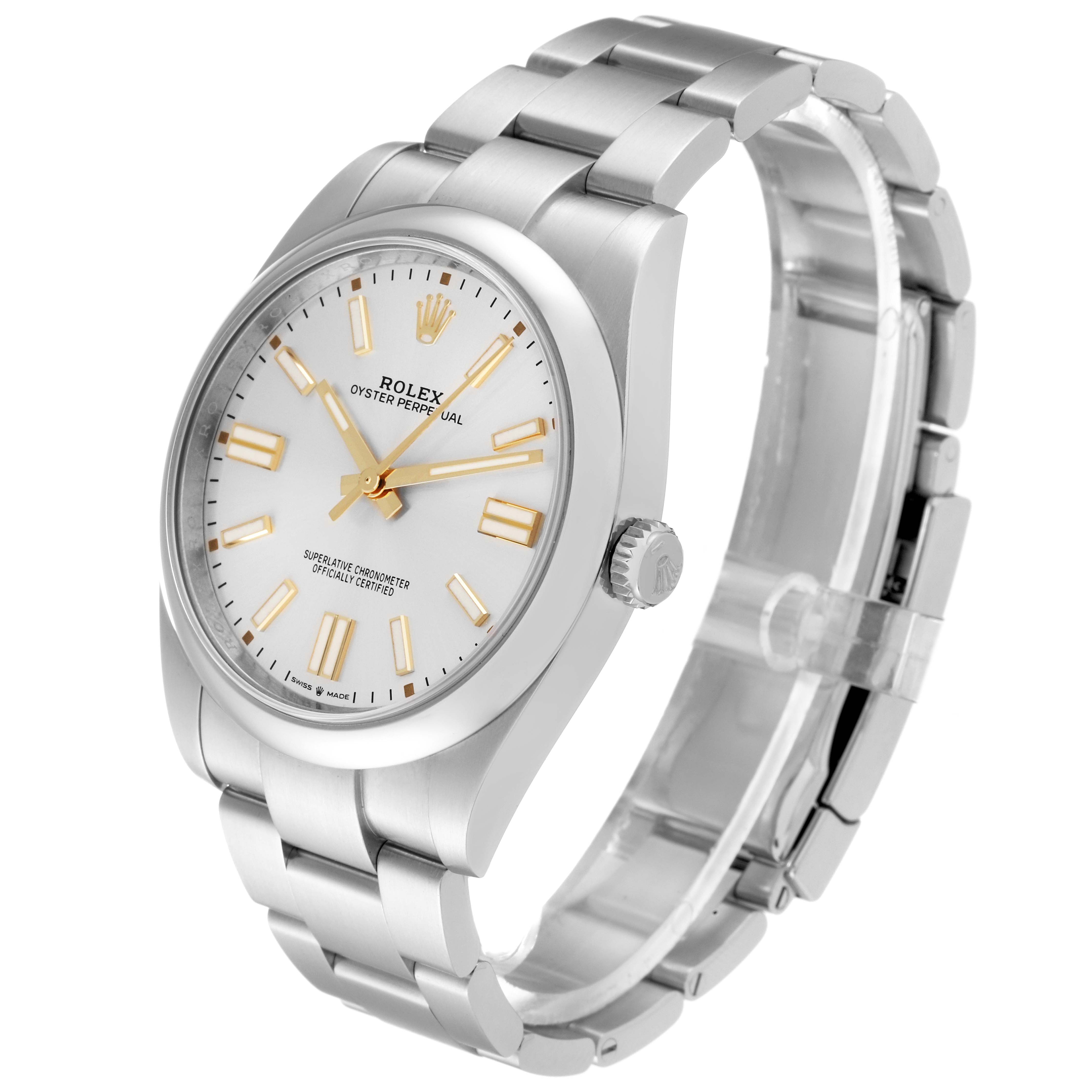 This image shows a Rolex Oyster Perpetual 124300 Men's Stainless Steel Silver Dial 124300 Men's Stainless Steel Silver Dial watch at a slight angle, displaying the dial, bezel, case, crown, and bracelet.
