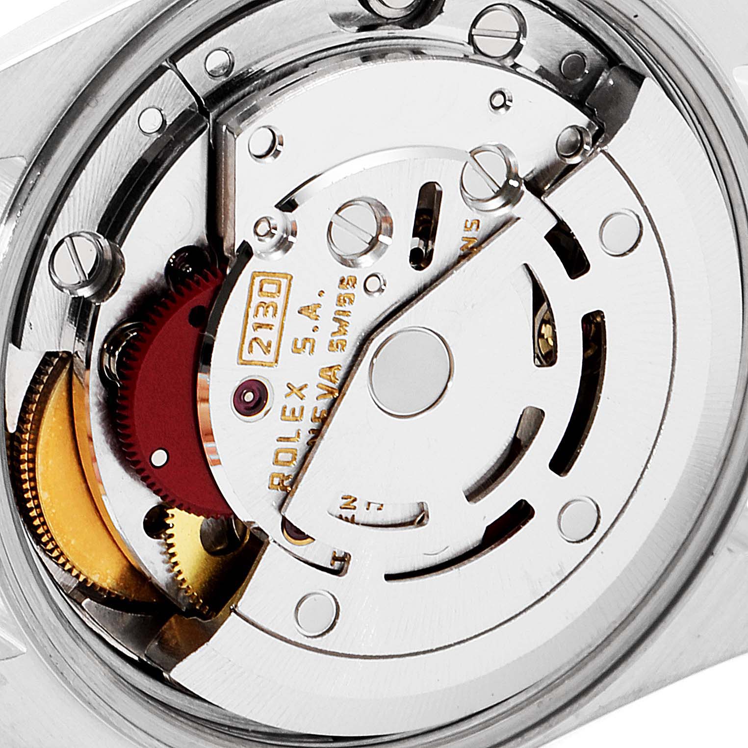 The image shows a close-up of the internal mechanical movement of a Rolex Oyster Perpetual 67193 Women
s Steel and Gold (two tone) Champagne Dial 67193 Women
s Steel and Gold (two tone) Champagne Dial watch.