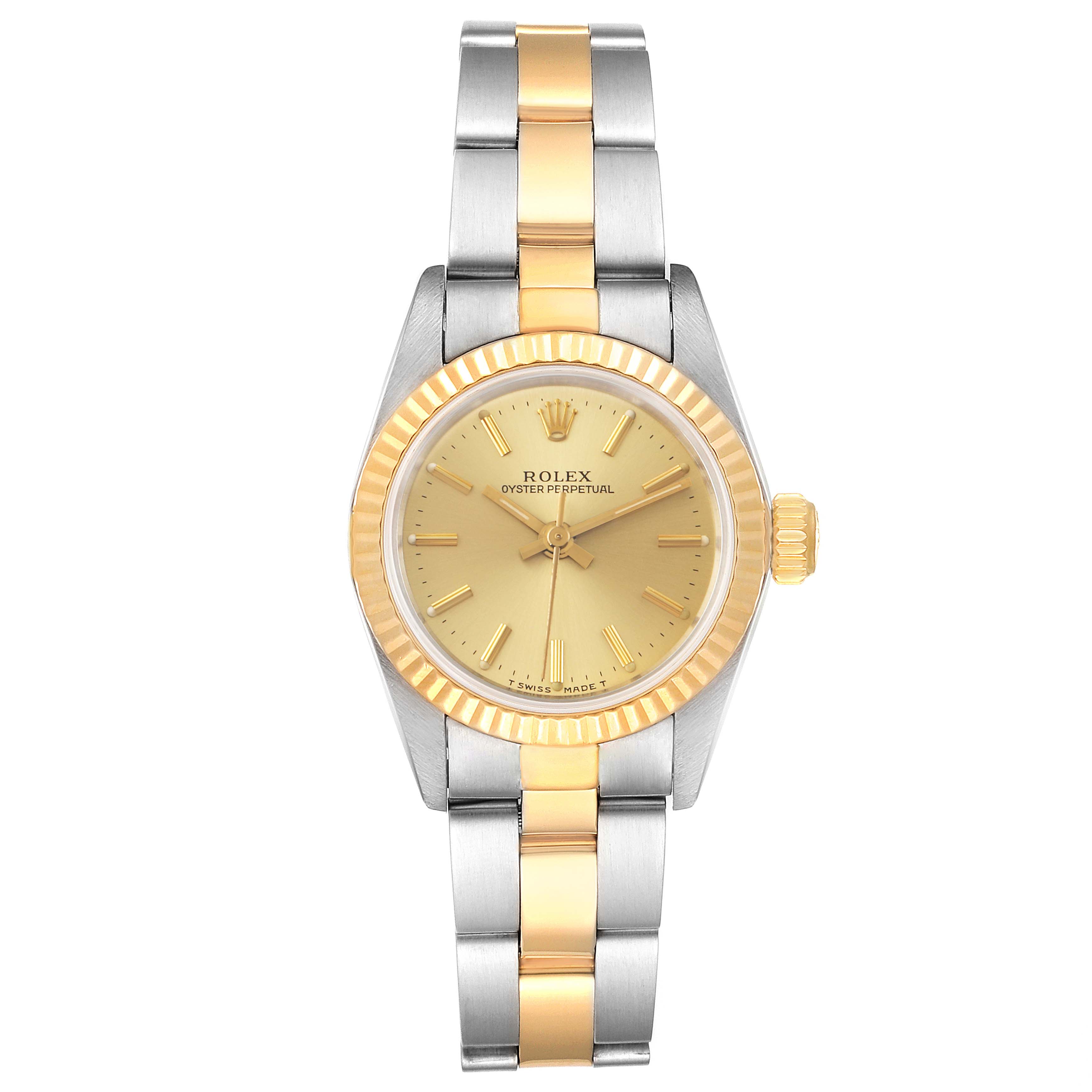 This image shows a front view of a Rolex Oyster Perpetual 67193 Women
s Steel and Gold (two tone) Champagne Dial 67193 Women
s Steel and Gold (two tone) Champagne Dial watch with a two-tone metal bracelet and gold bezel.