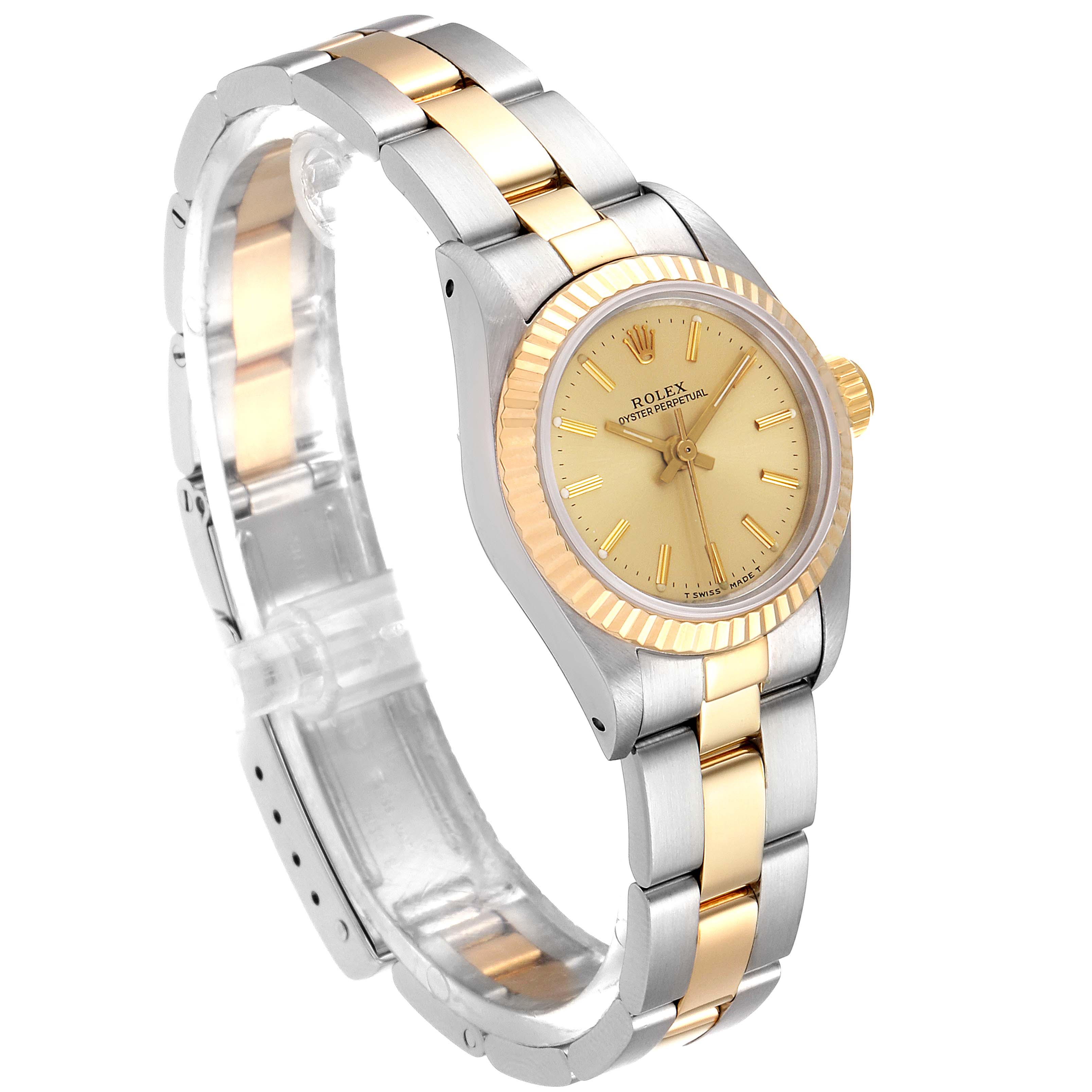 This image shows a side angle of the Rolex Oyster Perpetual 67193 Women
s Steel and Gold (two tone) Champagne Dial 67193 Women
s Steel and Gold (two tone) Champagne Dial watch, highlighting the bracelet and the dial.