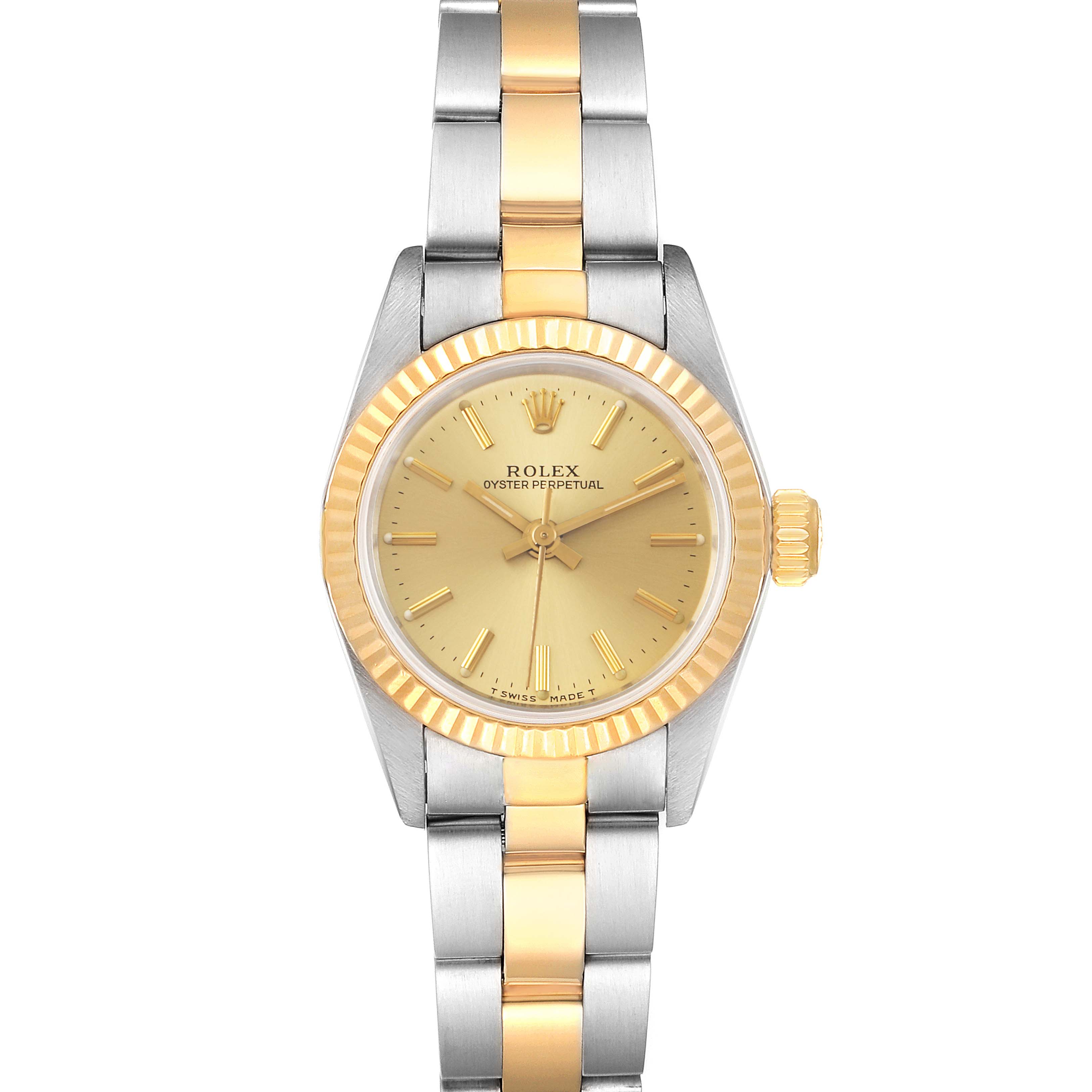 The image shows a front view of a Rolex Oyster Perpetual 67193 Women
s Steel and Gold (two tone) Champagne Dial 67193 Women
s Steel and Gold (two tone) Champagne Dial watch with a two-tone stainless steel and gold bracelet.