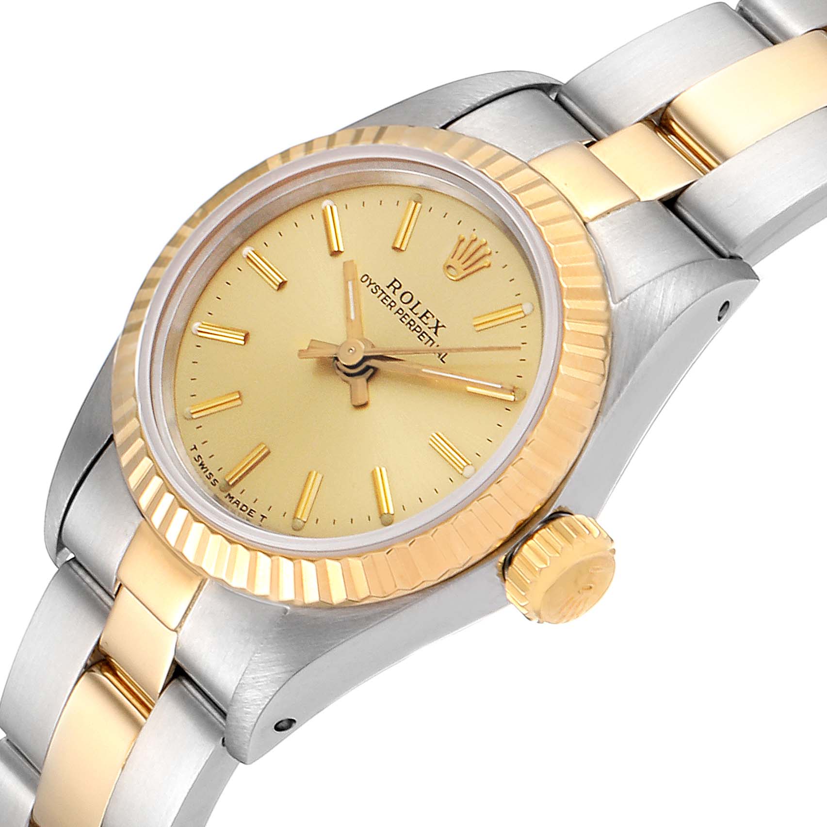 This image shows a Rolex Oyster Perpetual 67193 Women
s Steel and Gold (two tone) Champagne Dial 67193 Women
s Steel and Gold (two tone) Champagne Dial watch at an angled close-up, highlighting its dial, bezel, crown, and bracelet.