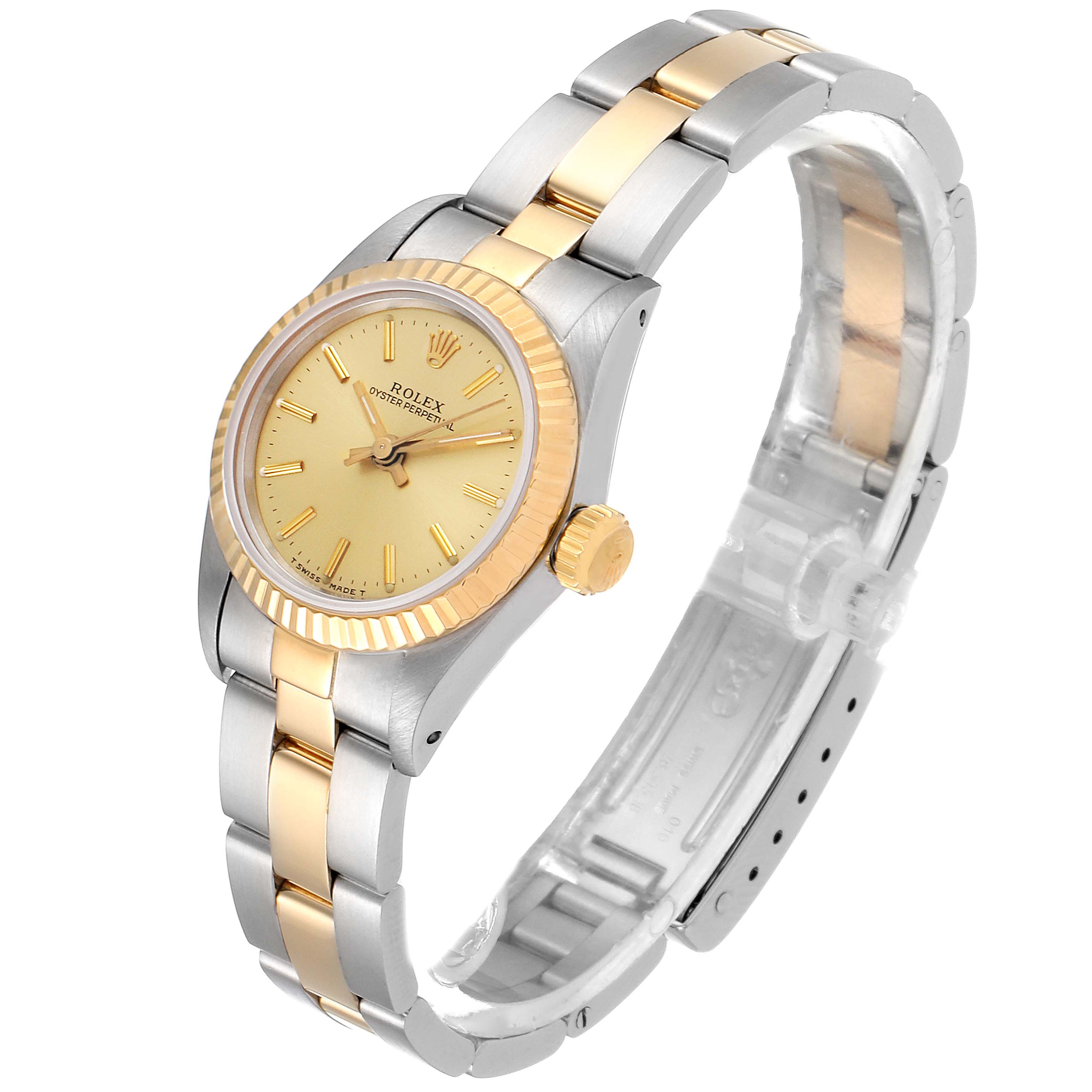 This image shows a side and front view of the Rolex Oyster Perpetual 67193 Women
s Steel and Gold (two tone) Champagne Dial 67193 Women
s Steel and Gold (two tone) Champagne Dial watch, displaying the face, bezel, crown, and bracelet.