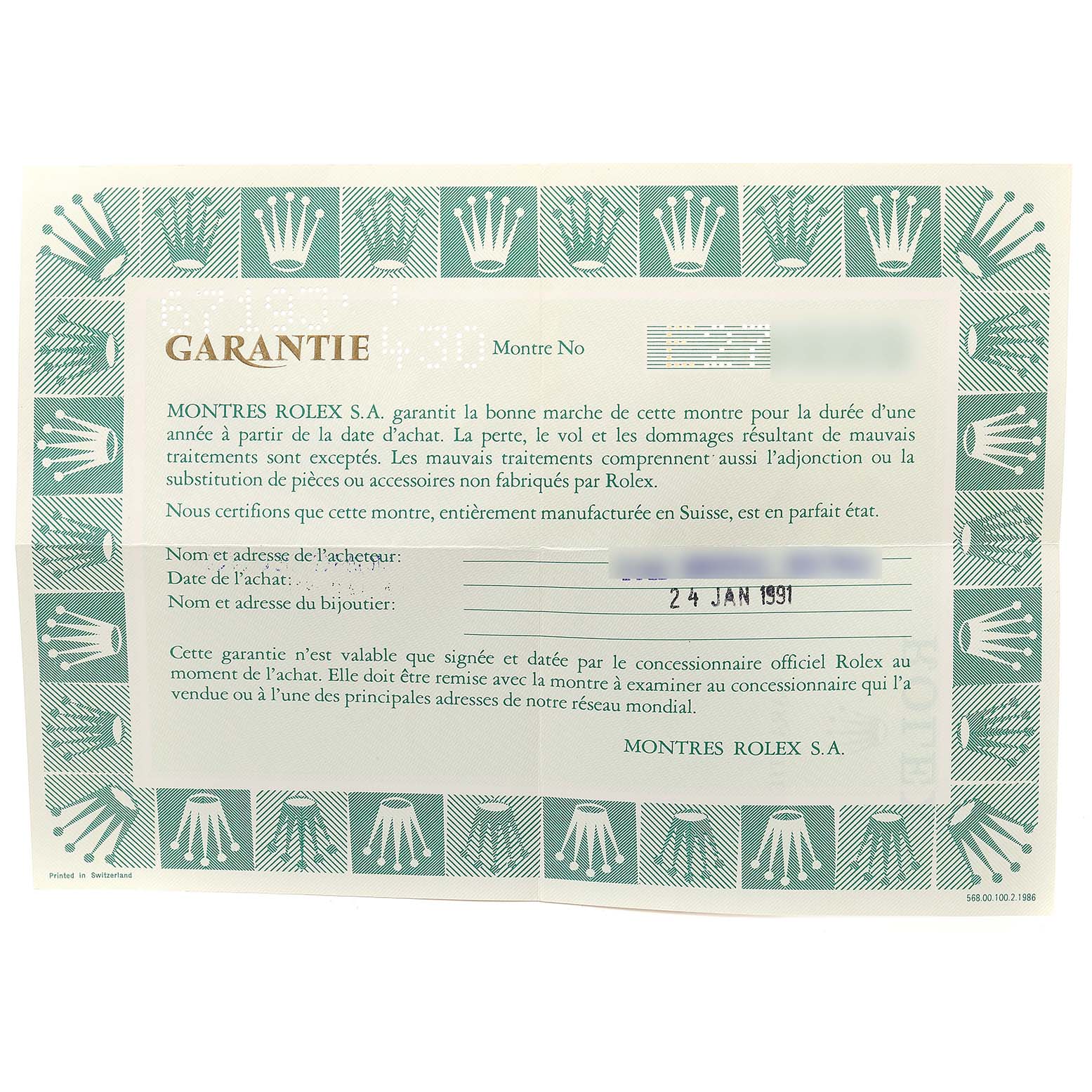 This image shows a Rolex warranty certificate for an Oyster Perpetual model, dated January 24, 1991.