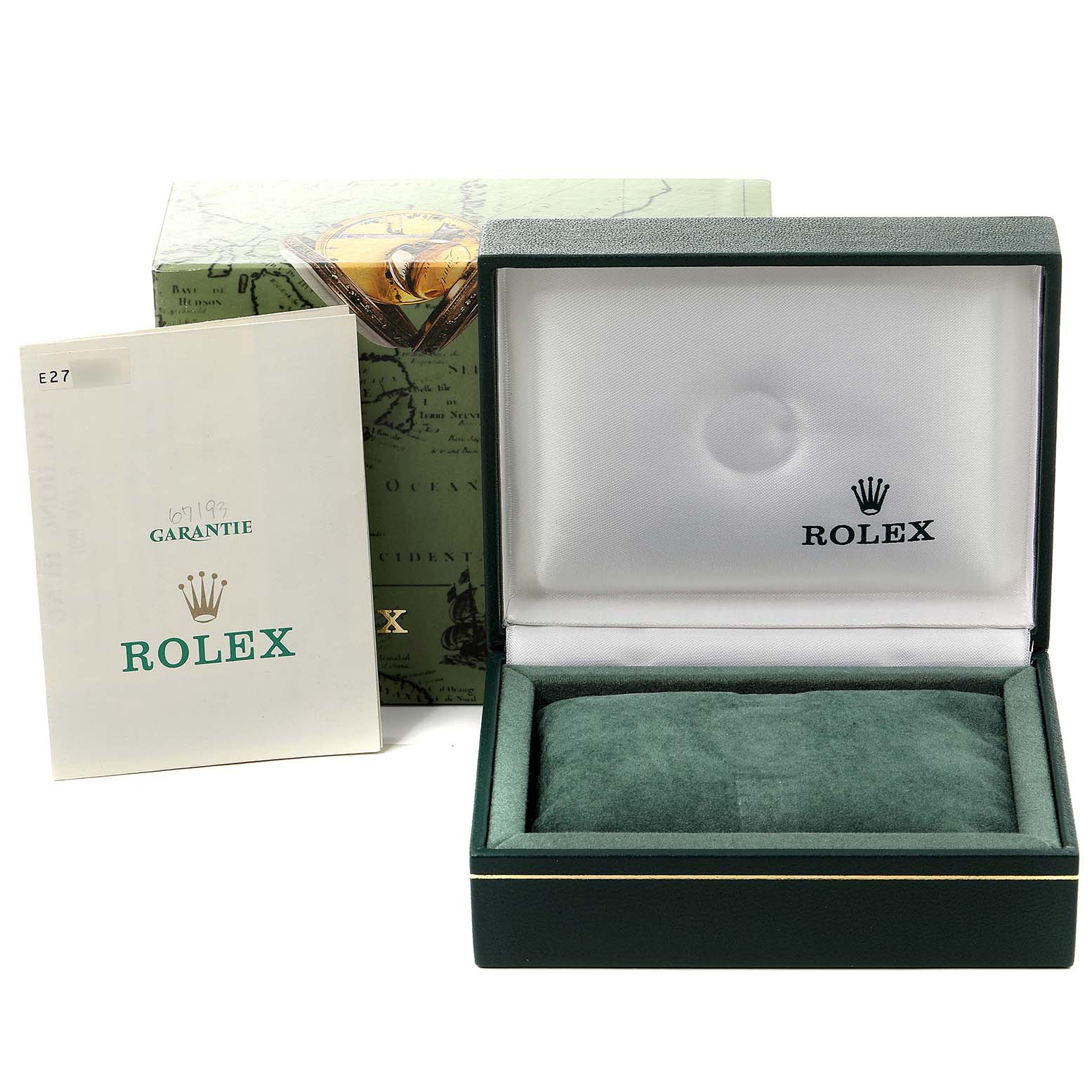 The image shows a Rolex Oyster Perpetual 67193 Women
s Steel and Gold (two tone) Champagne Dial 67193 Women
s Steel and Gold (two tone) Champagne Dial watch box, its outer packaging, and a warranty booklet, from a front-facing angle.