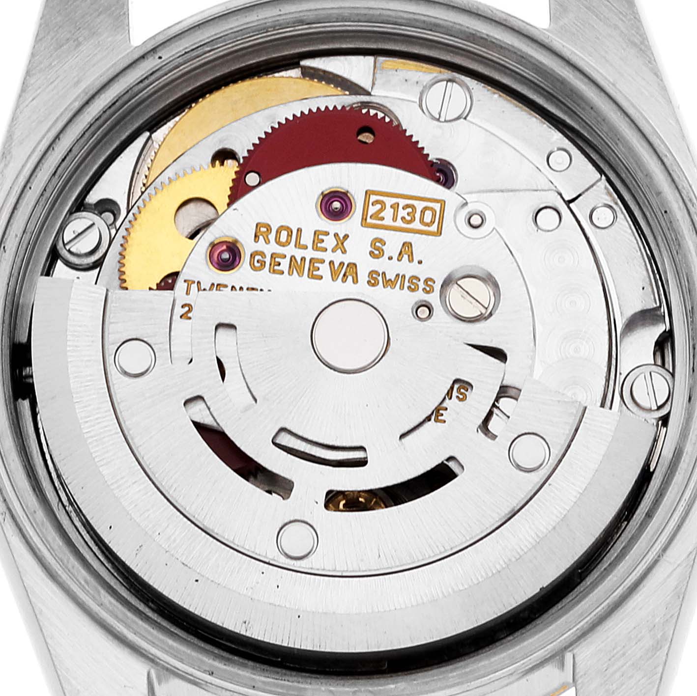 This image shows the internal movement mechanism of the Rolex Oyster Perpetual 67183 Women's Steel and Gold (two tone) Silver Dial 67183 Women's Steel and Gold (two tone) Silver Dial model, viewed from the back.