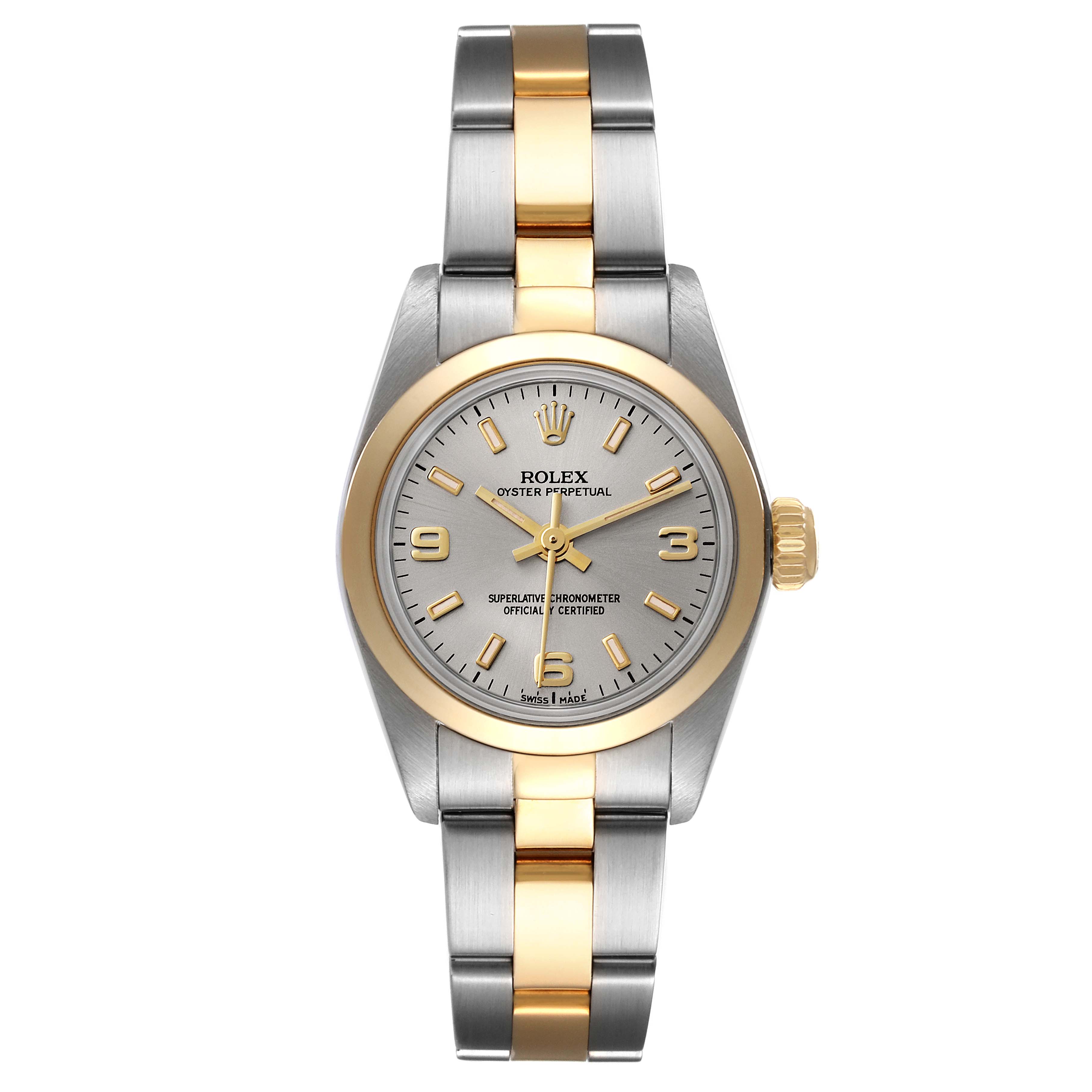 This image shows a front view of a Rolex Oyster Perpetual 67183 Women's Steel and Gold (two tone) Silver Dial 67183 Women's Steel and Gold (two tone) Silver Dial watch, highlighting its two-tone bracelet and silver dial.