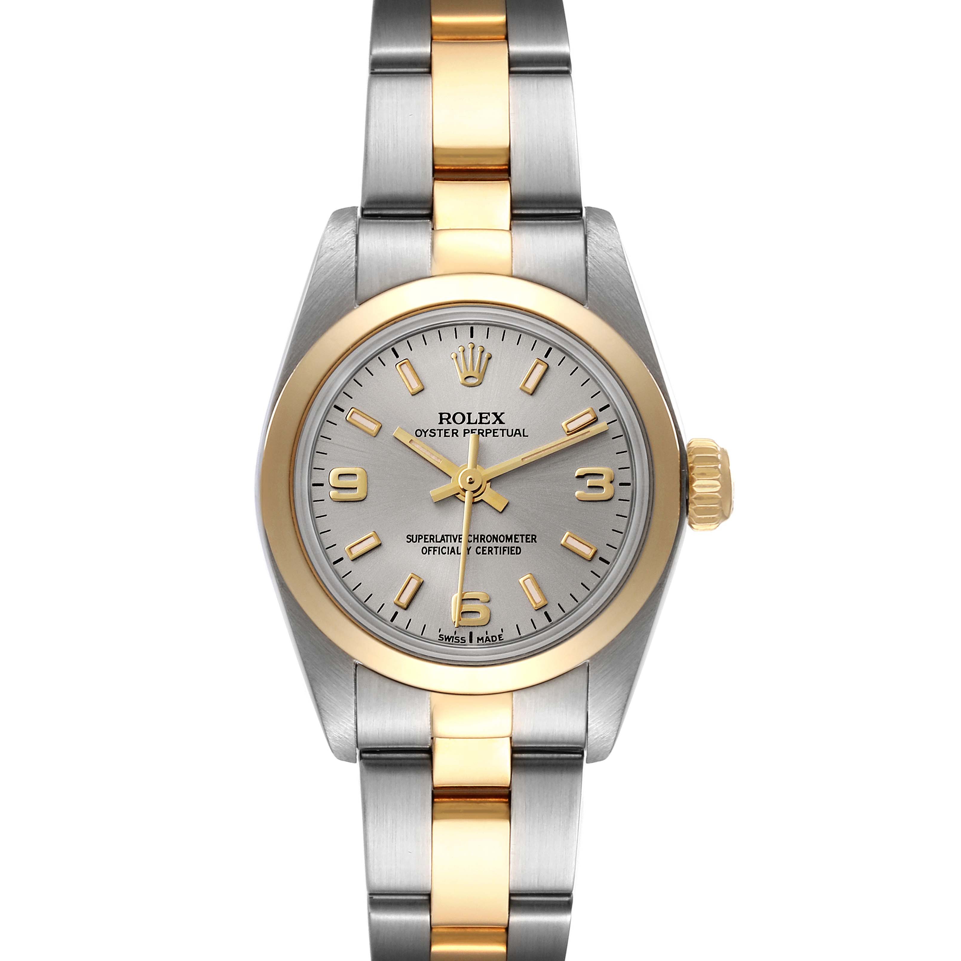 The image shows a front view of a Rolex Oyster Perpetual 67183 Women's Steel and Gold (two tone) Silver Dial 67183 Women's Steel and Gold (two tone) Silver Dial watch, highlighting its dual-tone metal strap and dial.