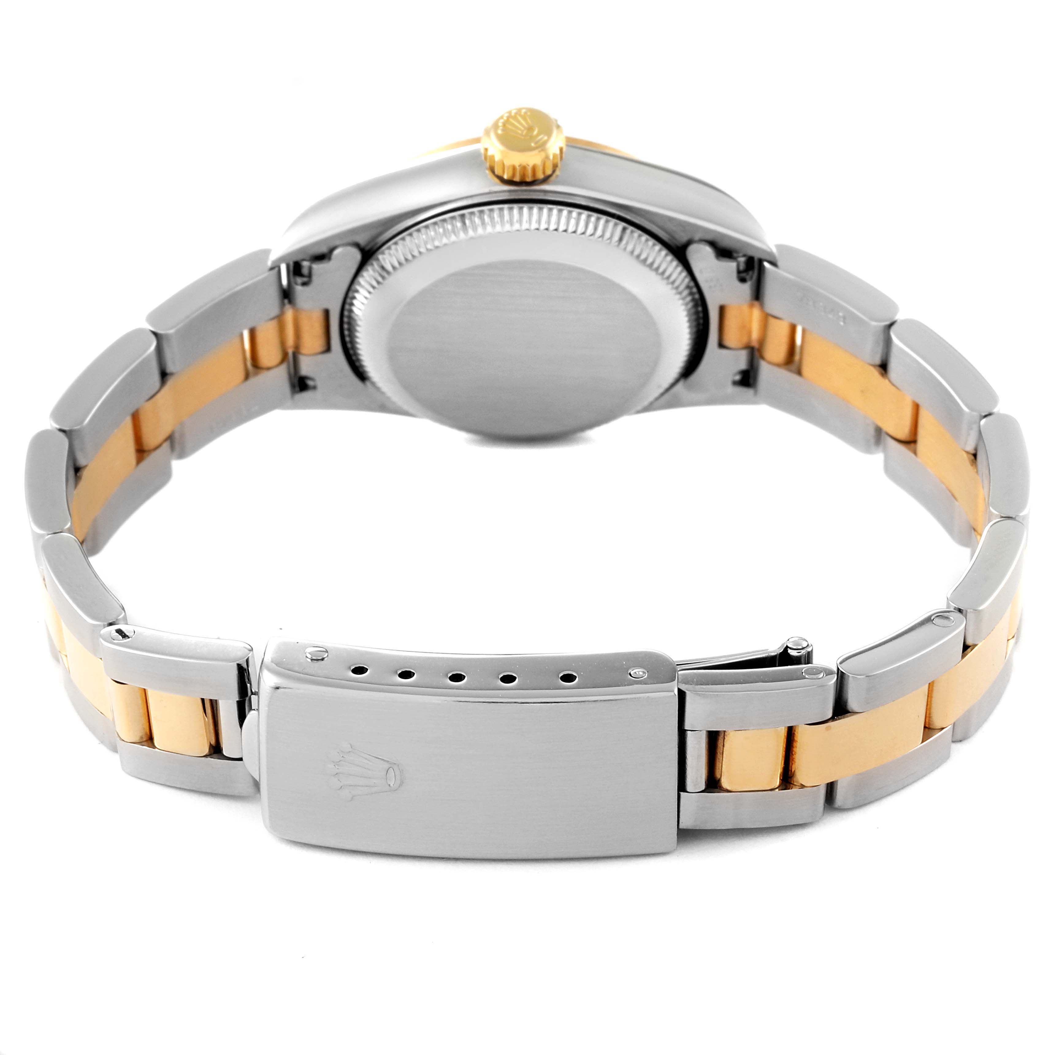 The image shows the back and bracelet of a Rolex Oyster Perpetual 67183 Women's Steel and Gold (two tone) Silver Dial 67183 Women's Steel and Gold (two tone) Silver Dial watch, including the clasp and part of the casing.