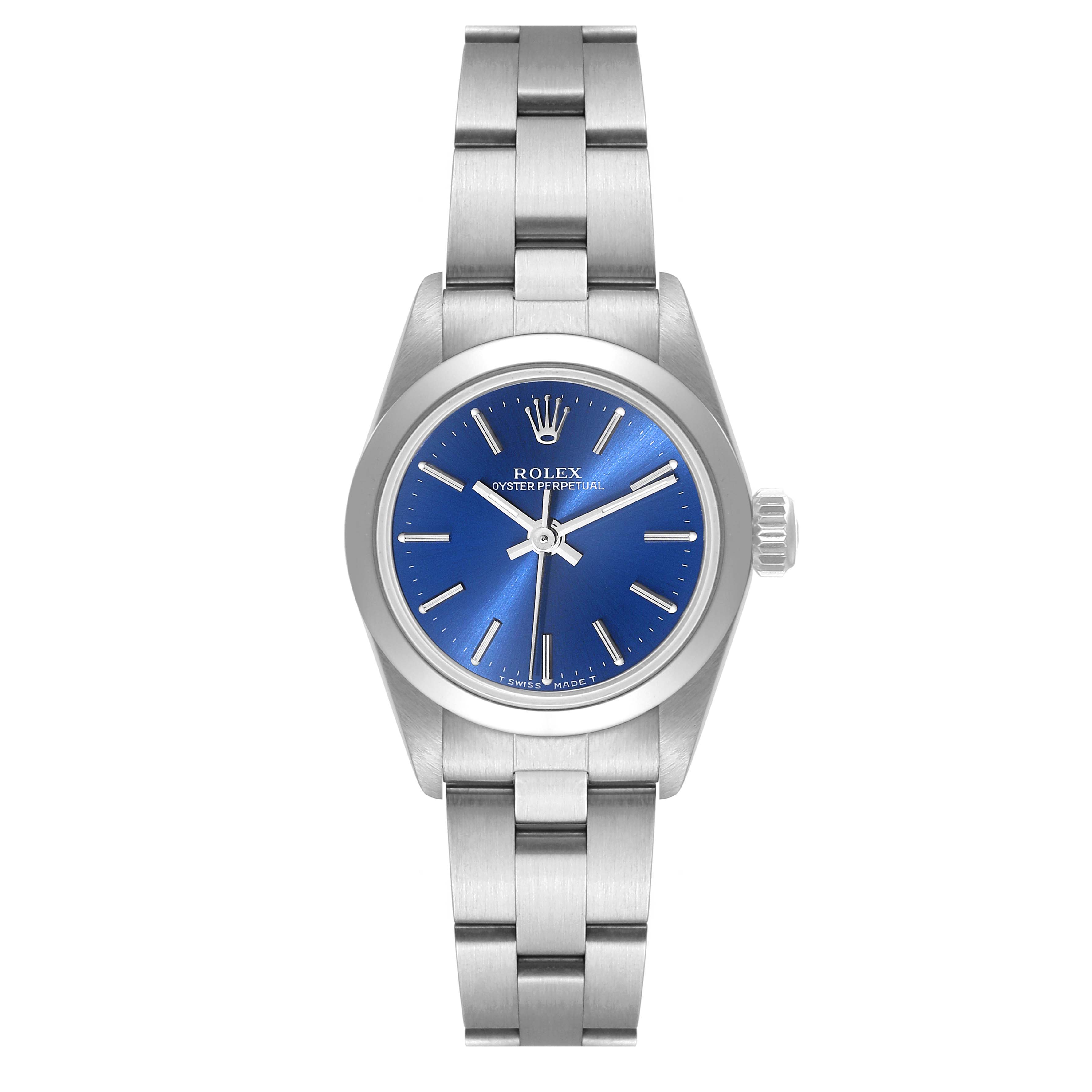 This image shows a front view of a Rolex Oyster Perpetual 67180 Women's Stainless Steel Blue Dial 67180 Women's Stainless Steel Blue Dial watch, displaying the blue dial and stainless steel bracelet.