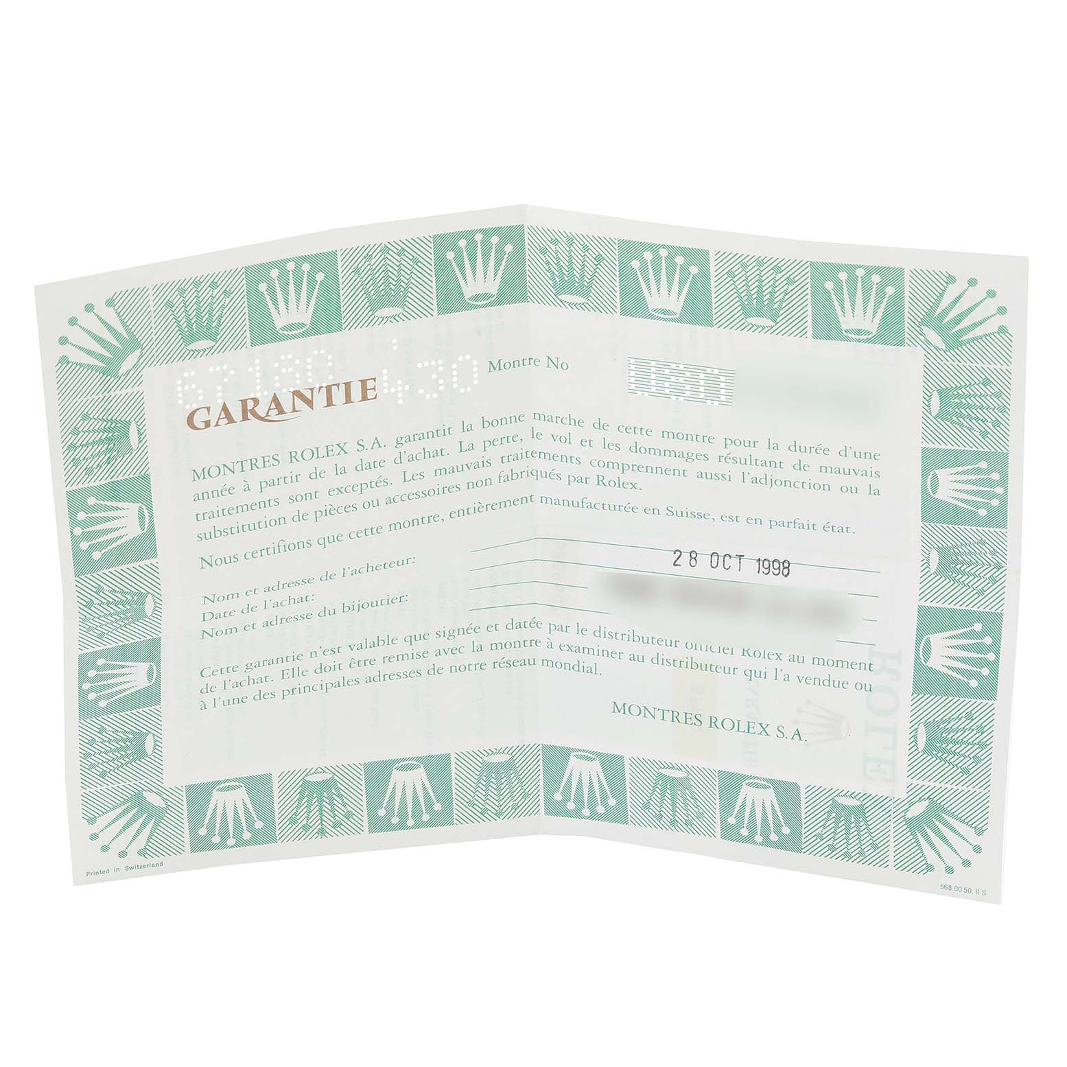 The image shows the warranty card for a Rolex Oyster Perpetual 67180 Women's Stainless Steel Blue Dial 67180 Women's Stainless Steel Blue Dial watch, featuring the brand's logo and details such as purchase date.