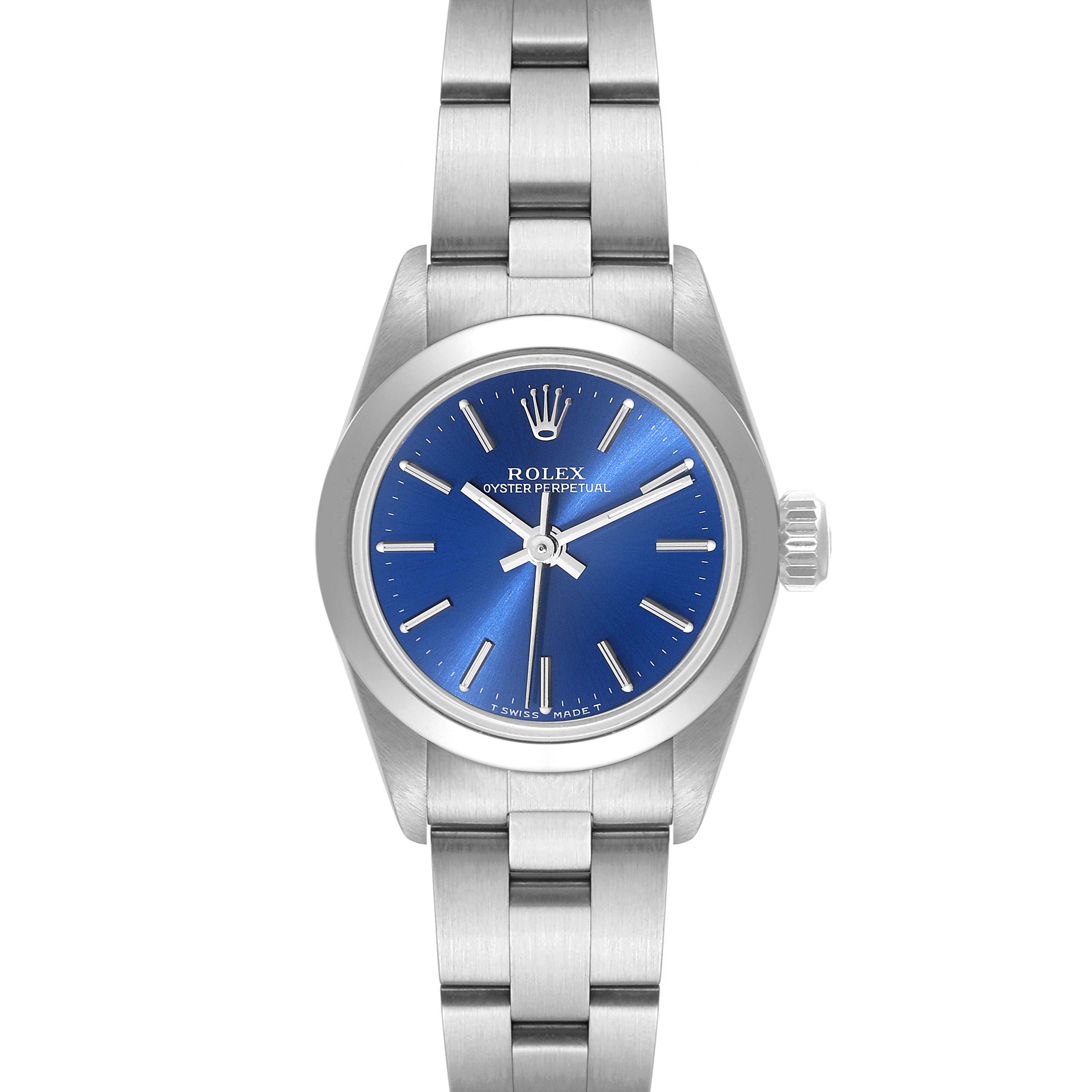 The Rolex Oyster Perpetual 67180 Women's Stainless Steel Blue Dial 67180 Women's Stainless Steel Blue Dial watch is shown from a straight-on angle, highlighting the blue dial, bracelet, and crown.