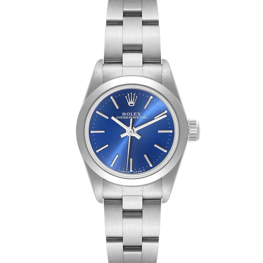 Rolex Oyster Perpetual Nondate Ladies Blue Dial Steel Watch 67180 Papers SwissWatchExpo
