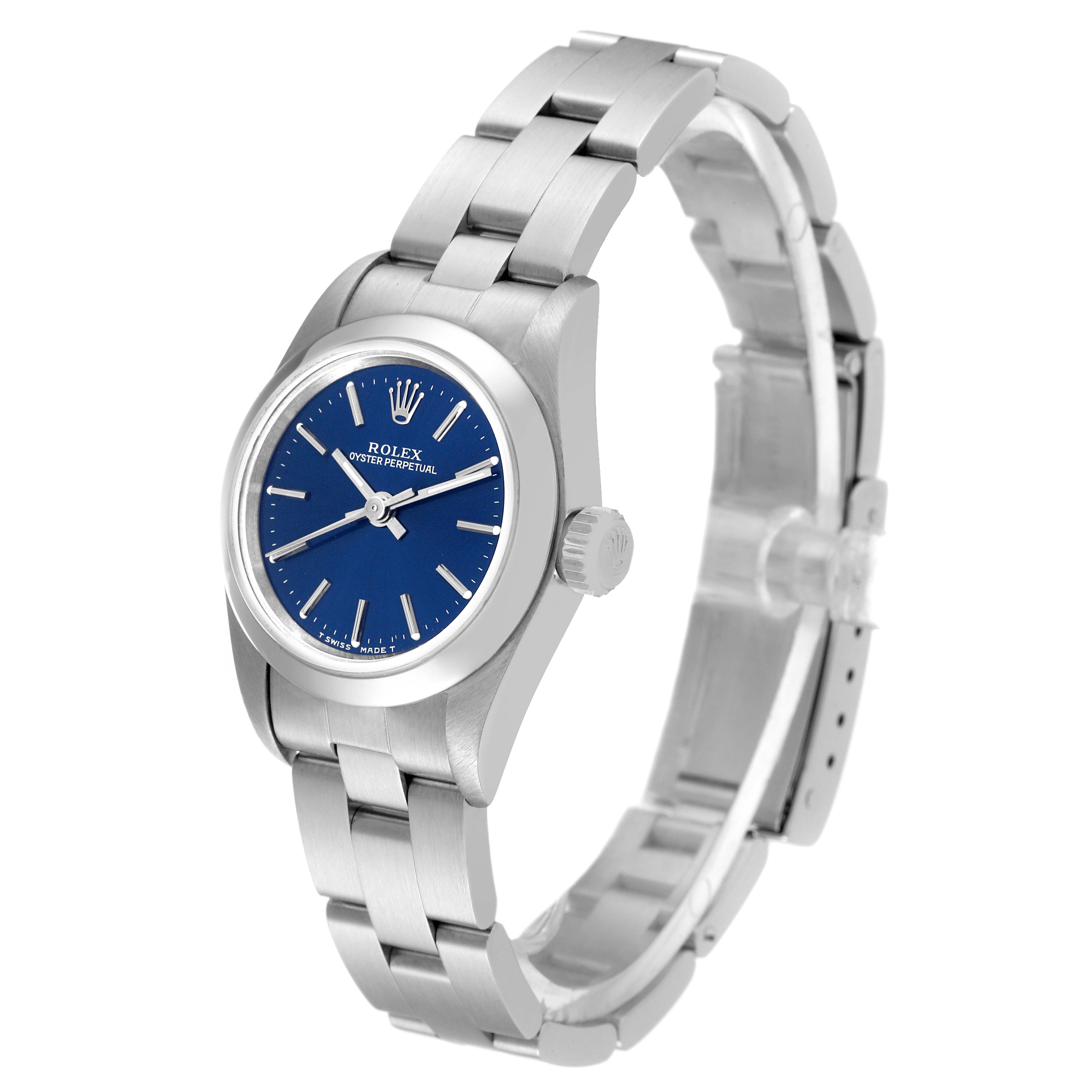 The Rolex Oyster Perpetual 67180 Women's Stainless Steel Blue Dial 67180 Women's Stainless Steel Blue Dial watch is shown at a slight angle, displaying the face, crown, and bracelet.