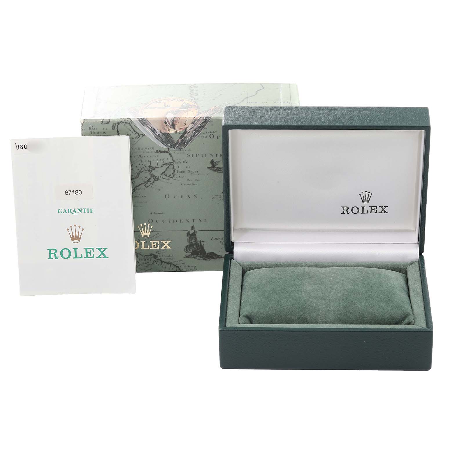 The image shows the packaging and guarantee booklet of a Rolex Oyster Perpetual 67180 Women's Stainless Steel Blue Dial 67180 Women's Stainless Steel Blue Dial, with an empty watch box.