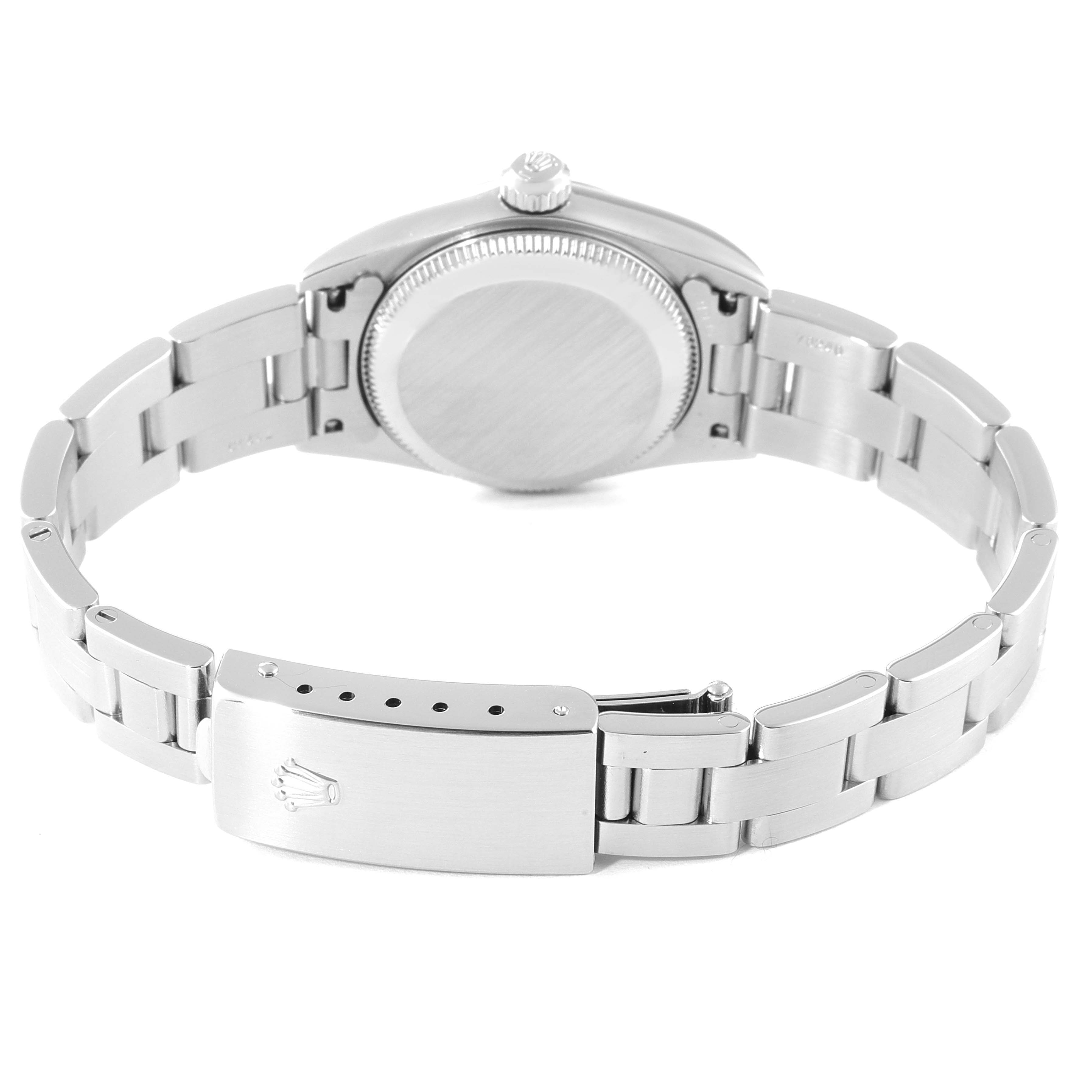 This image shows the back case and clasp of a Rolex Oyster Perpetual 76080 Women
s Stainless Steel Pink Dial 76080 Women
s Stainless Steel Pink Dial watch from a rear angle.