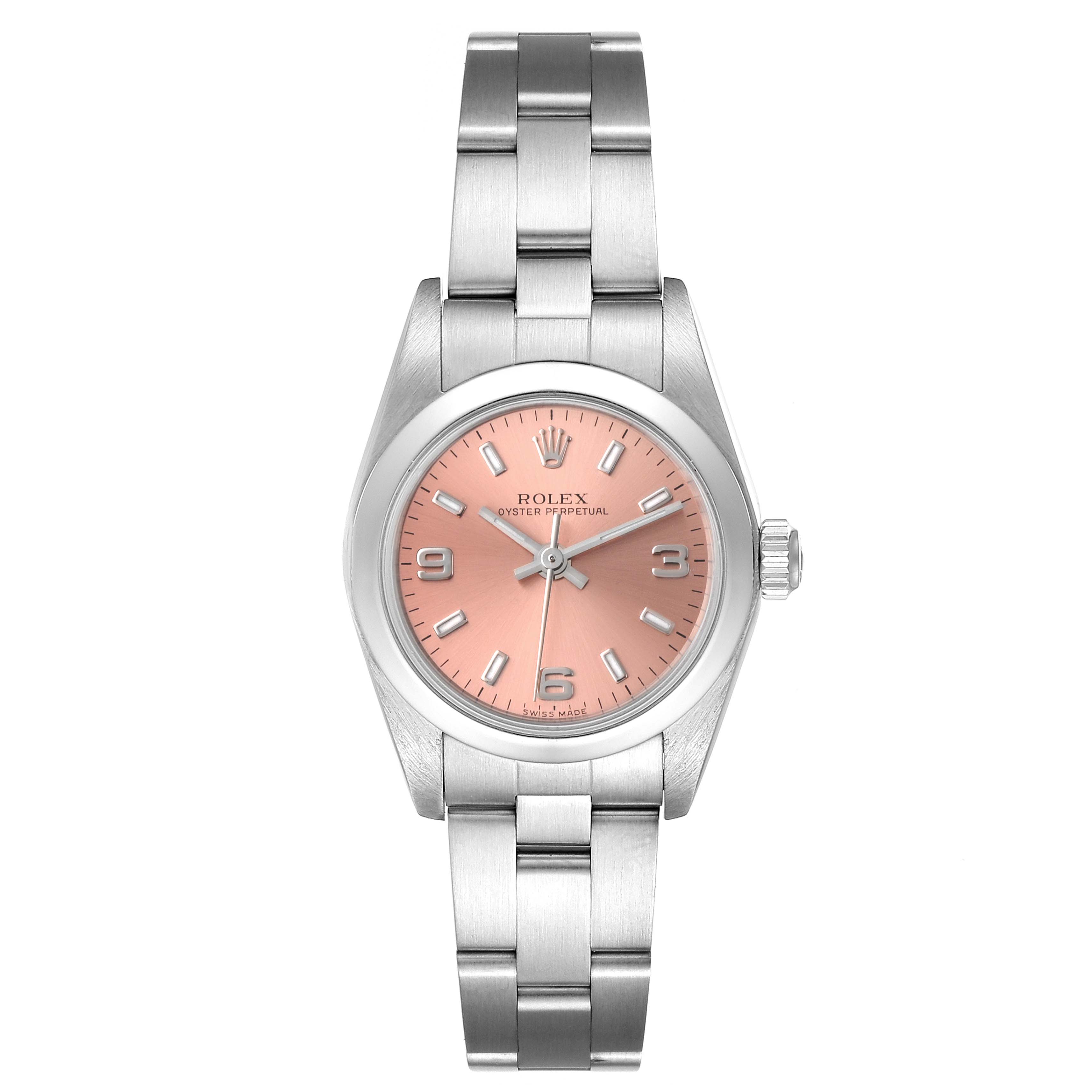 The image shows a front view of the Rolex Oyster Perpetual 76080 Women
s Stainless Steel Pink Dial 76080 Women
s Stainless Steel Pink Dial watch, highlighting its pink dial, stainless steel case, and bracelet.