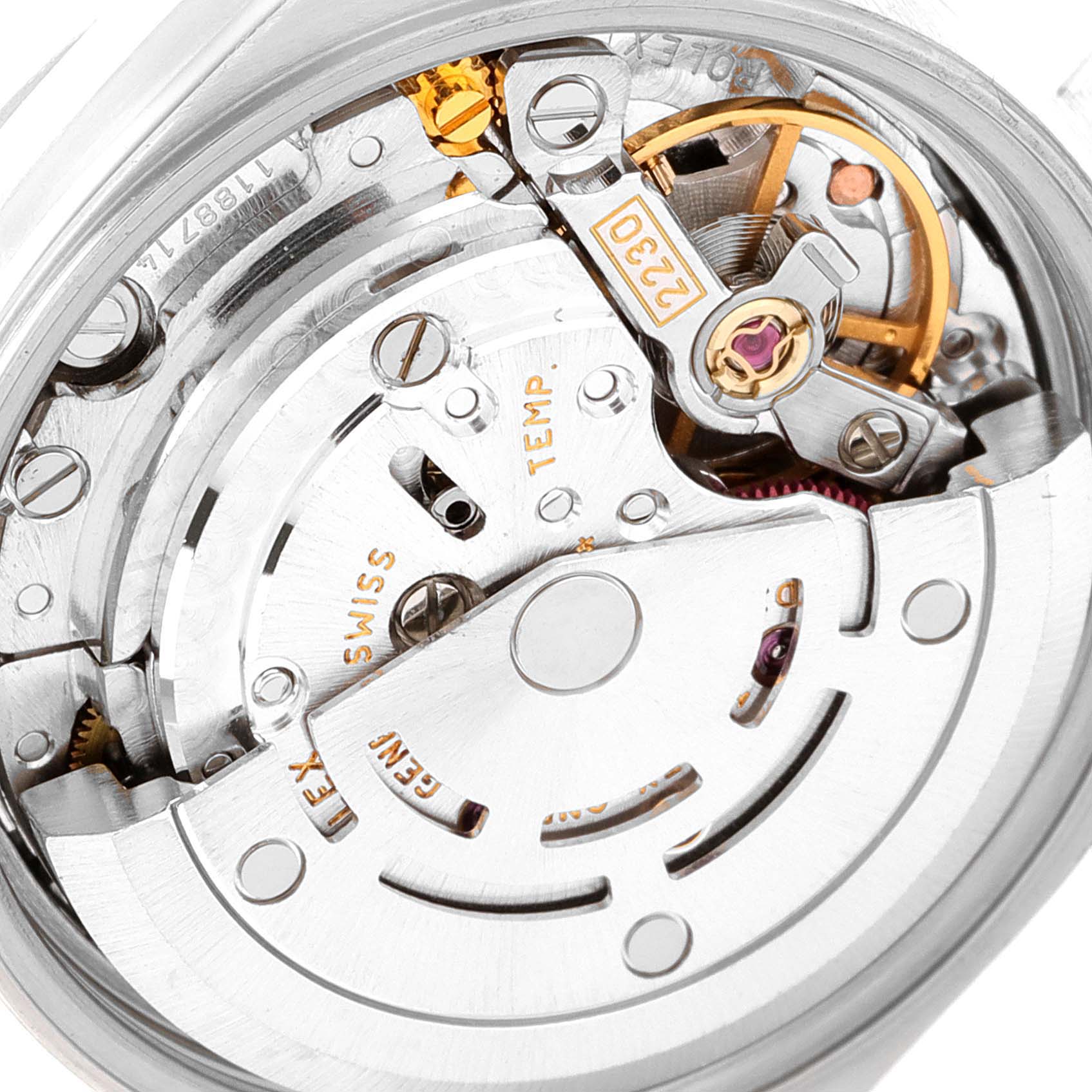 This close-up image shows the intricate internal mechanical parts of the Rolex Oyster Perpetual 76080 Women
s Stainless Steel Pink Dial 76080 Women
s Stainless Steel Pink Dial watch.