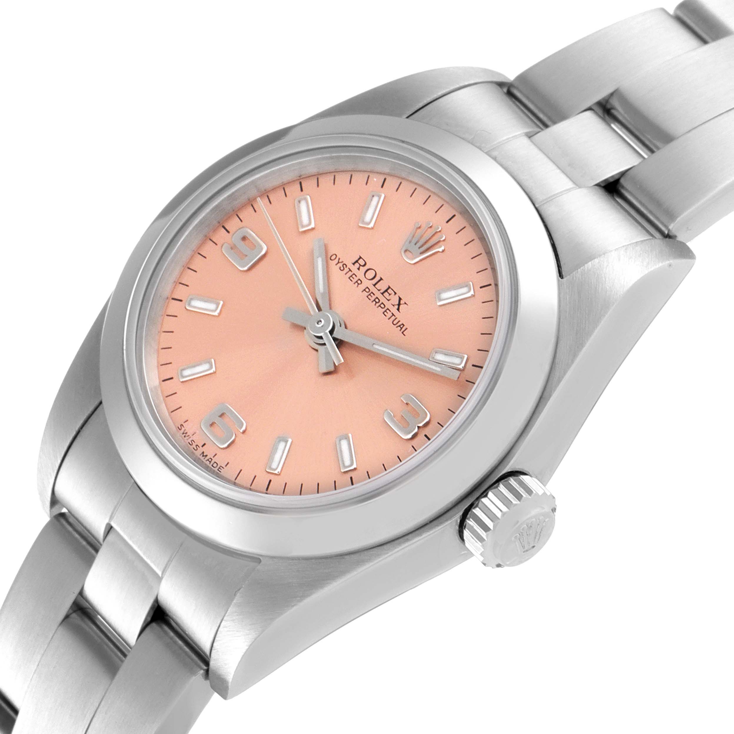 The image shows a side-angled view of the Rolex Oyster Perpetual 76080 Women
s Stainless Steel Pink Dial 76080 Women
s Stainless Steel Pink Dial watch, highlighting the pink dial, crown, and metal bracelet.