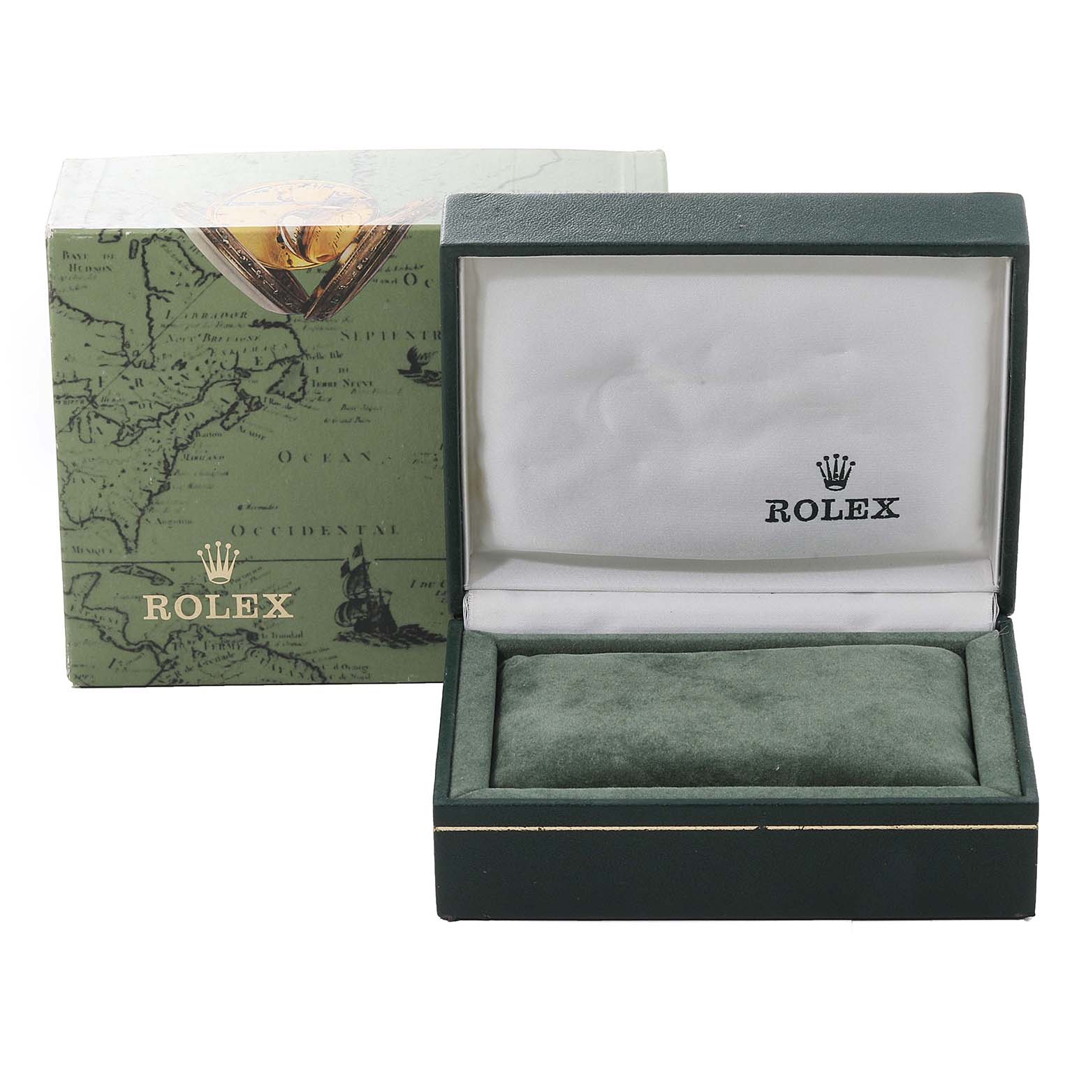 The image shows an open Rolex Oyster Perpetual 76080 Women
s Stainless Steel Pink Dial 76080 Women
s Stainless Steel Pink Dial watch box with its cover placed behind it.