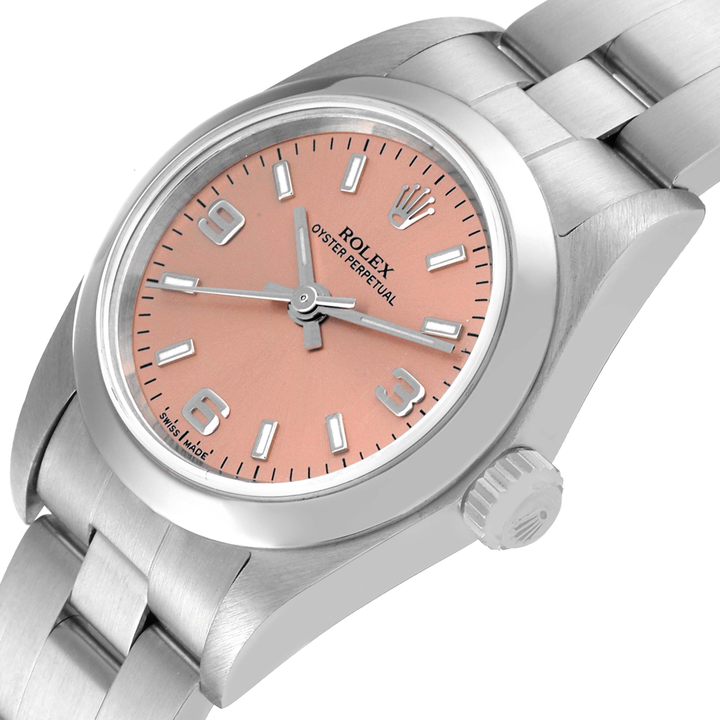 The image shows a Rolex Oyster Perpetual 76080 Women
s Stainless Steel Pink Dial 76080 Women
s Stainless Steel Pink Dial watch at a slight angle, highlighting its face, crown, and band.