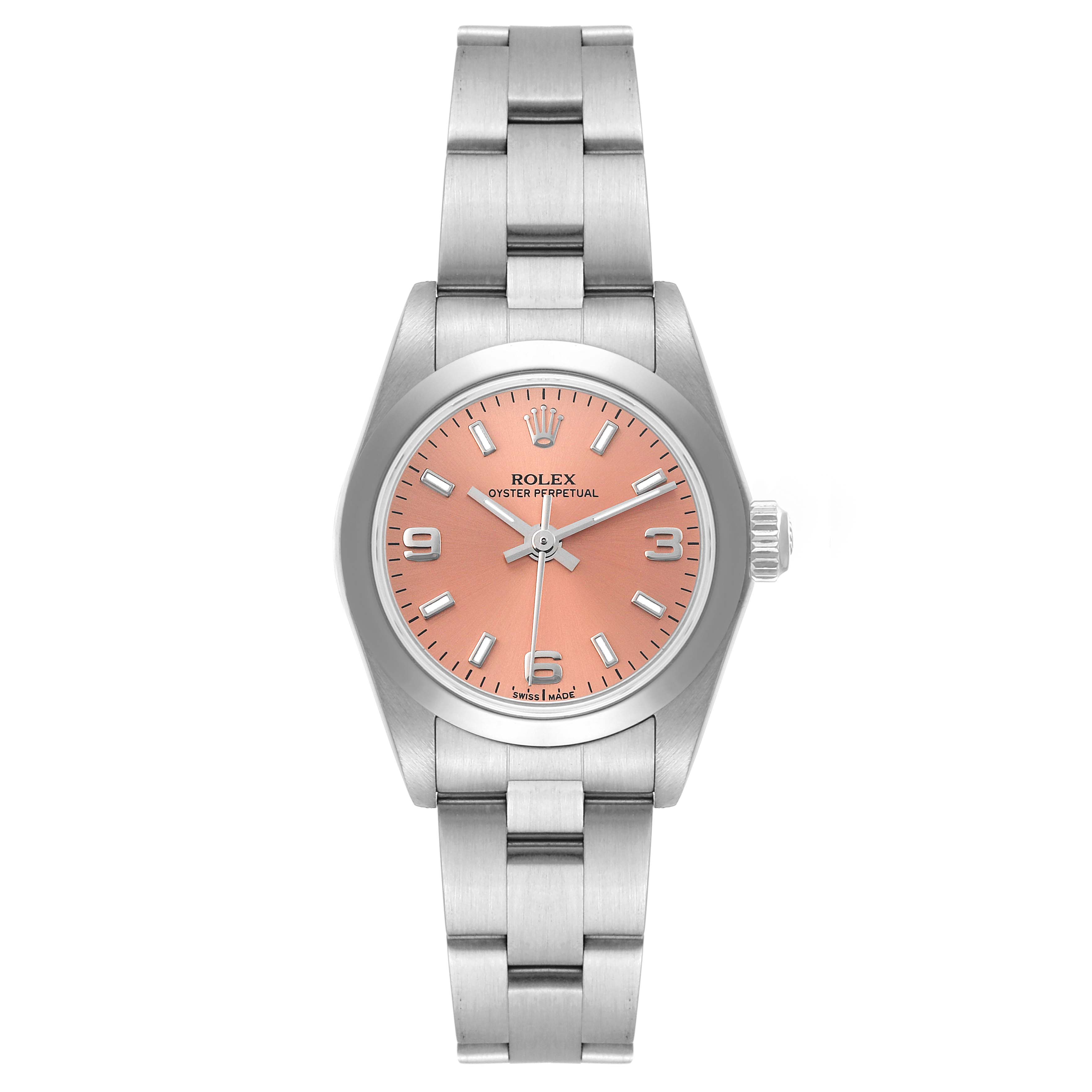 This image shows a Rolex Oyster Perpetual 76080 Women
s Stainless Steel Pink Dial 76080 Women
s Stainless Steel Pink Dial watch from a top-down angle, displaying the face, bezel, and bracelet.