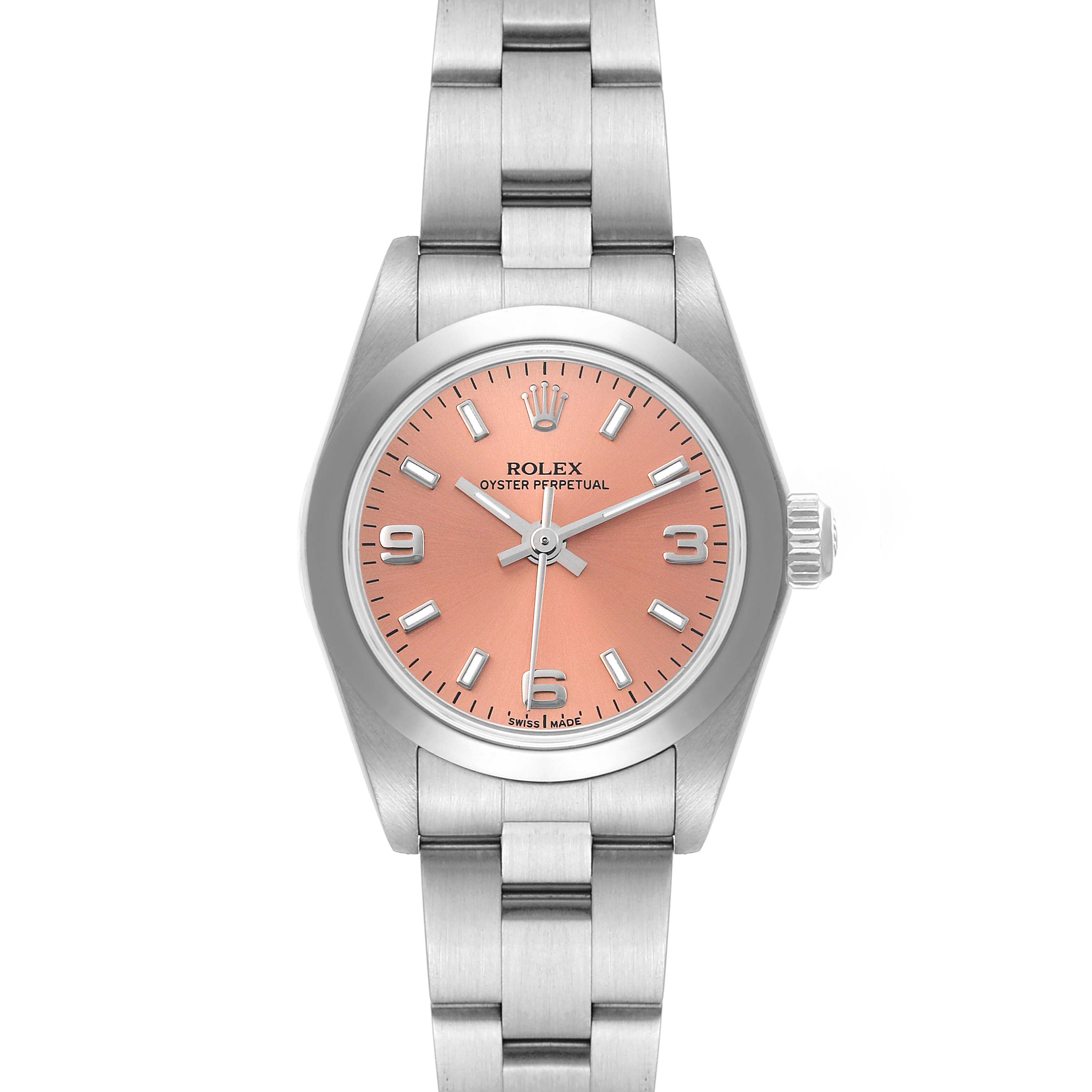 This image shows a front view of a Rolex Oyster Perpetual 76080 Women
s Stainless Steel Pink Dial 76080 Women
s Stainless Steel Pink Dial watch, highlighting the dial, case, bezel, bracelet, and crown.