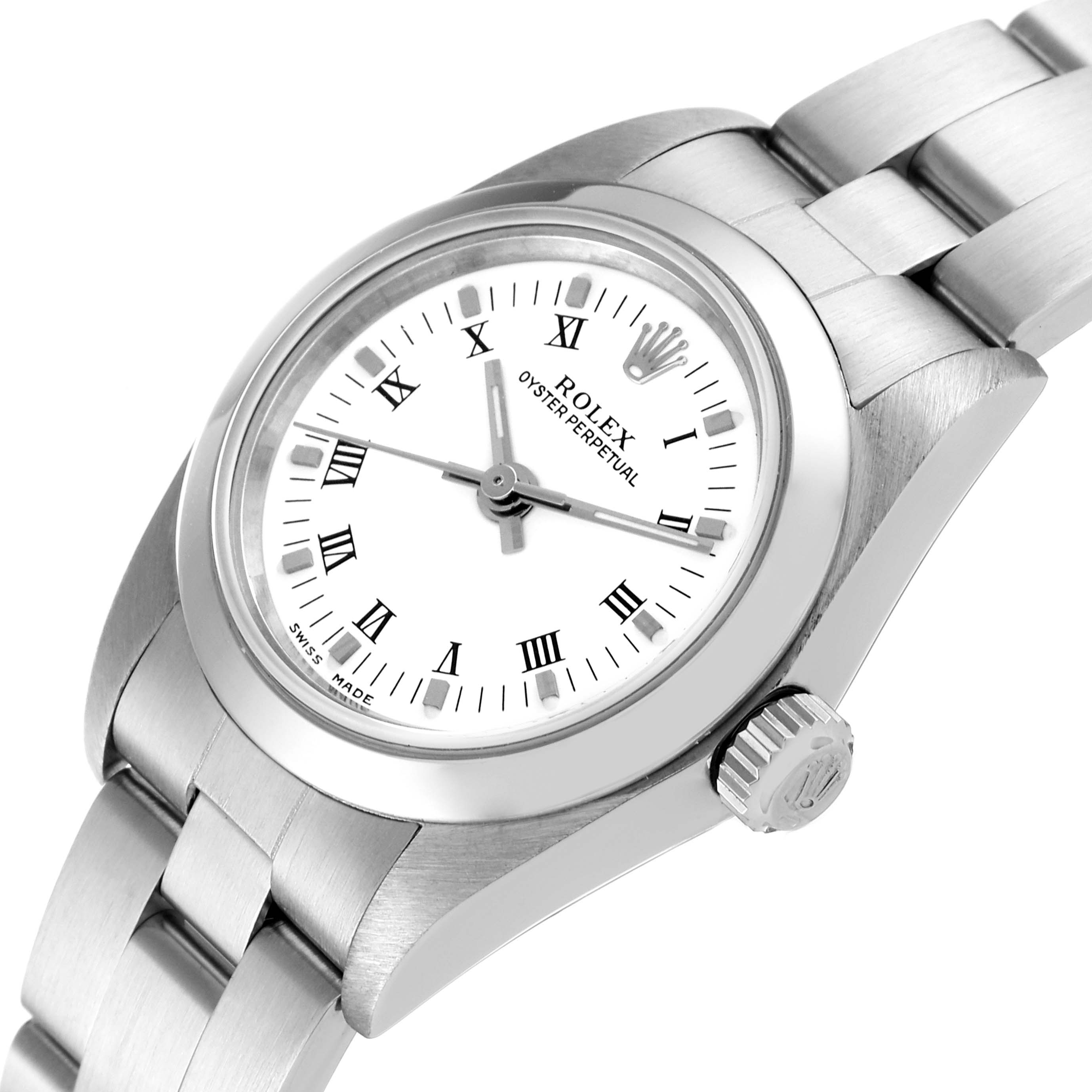 This image shows a close-up view of a Rolex Oyster Perpetual 76080 Women's Stainless Steel White Dial 76080 Women's Stainless Steel White Dial watch, focusing on the dial, bezel, crown, and part of the bracelet.