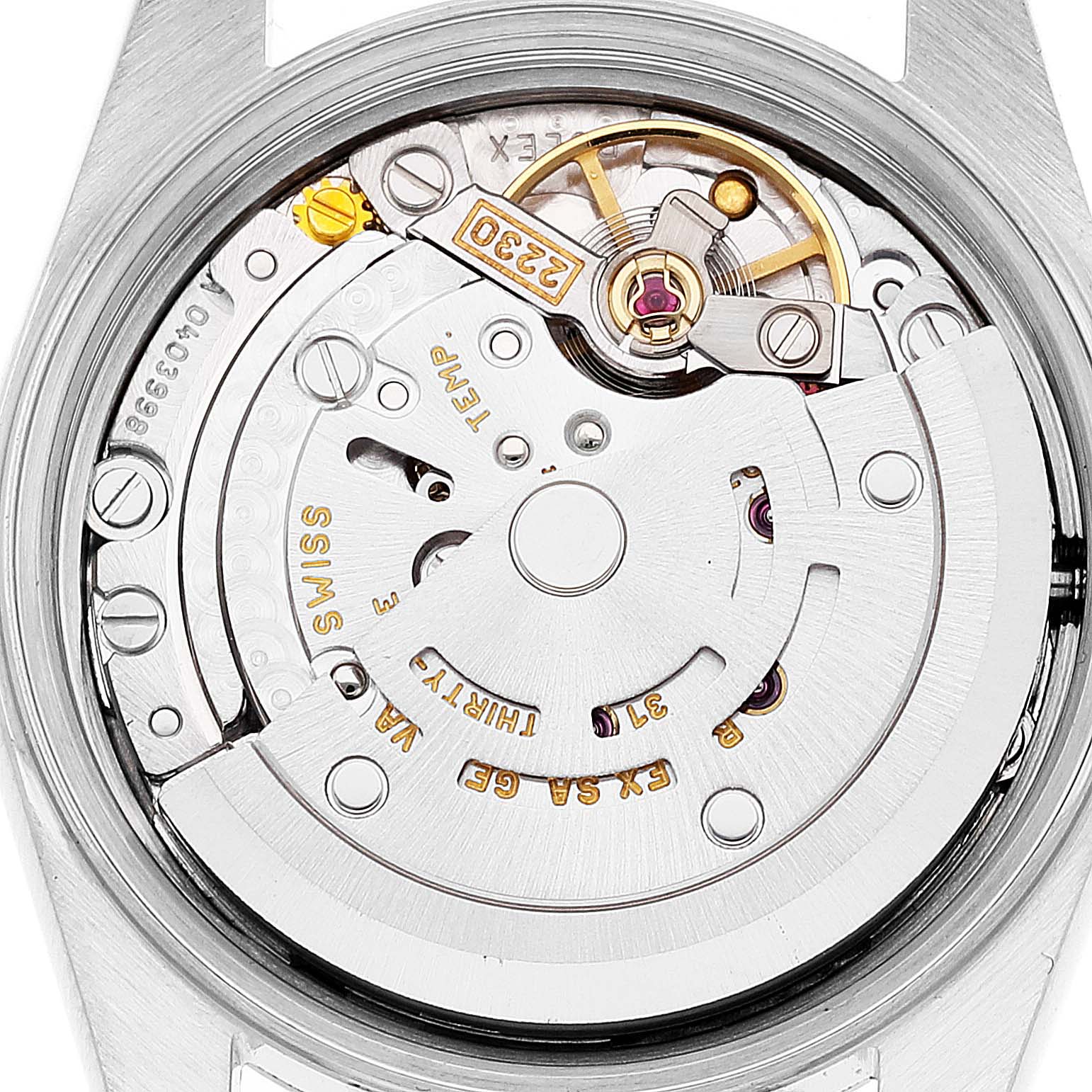 This image shows the internal movement mechanism of a Rolex Oyster Perpetual 76080 Women's Stainless Steel White Dial 76080 Women's Stainless Steel White Dial watch from a back view, focusing on the intricate parts and engravings.