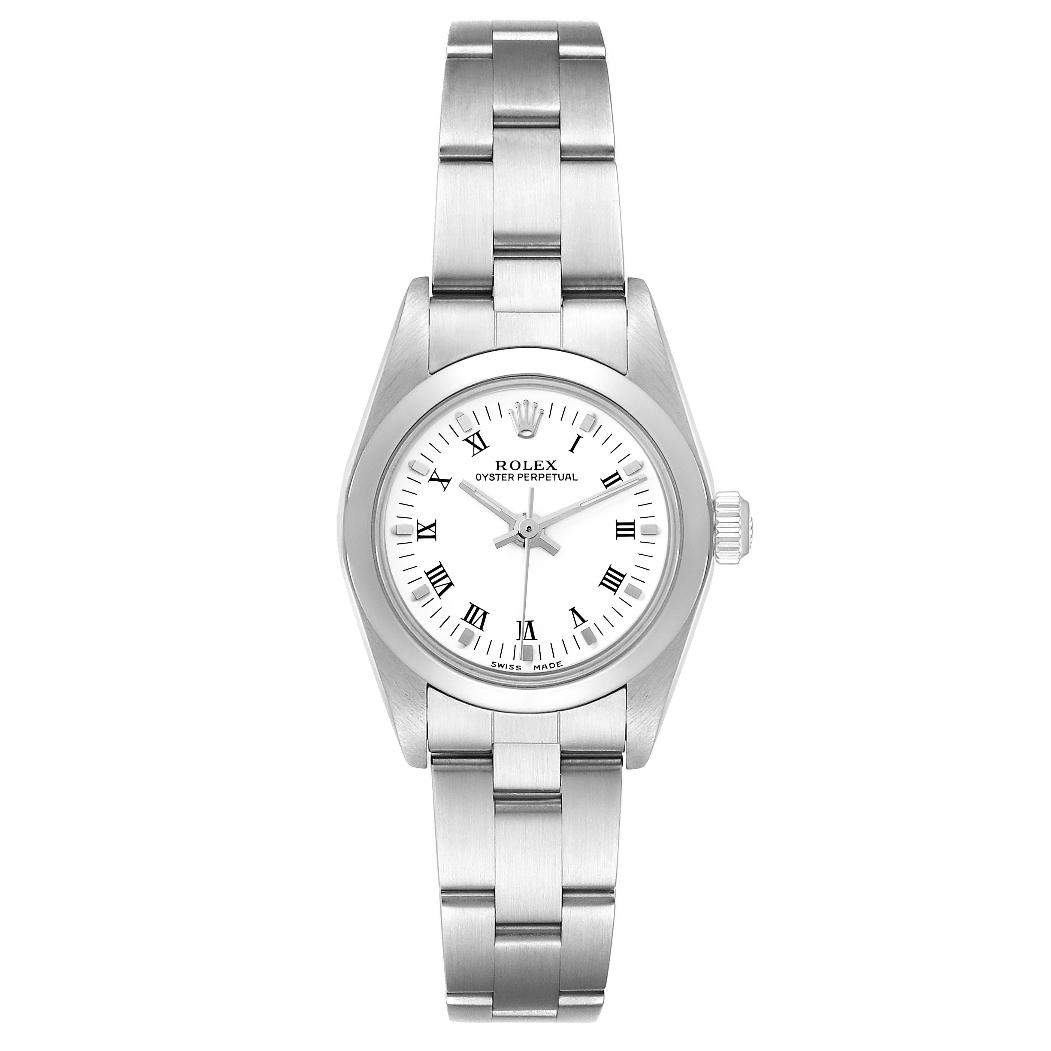 The image shows a Rolex Oyster Perpetual 76080 Women's Stainless Steel White Dial 76080 Women's Stainless Steel White Dial watch from a front angle, displaying the face, bezel, lugs, and bracelet.