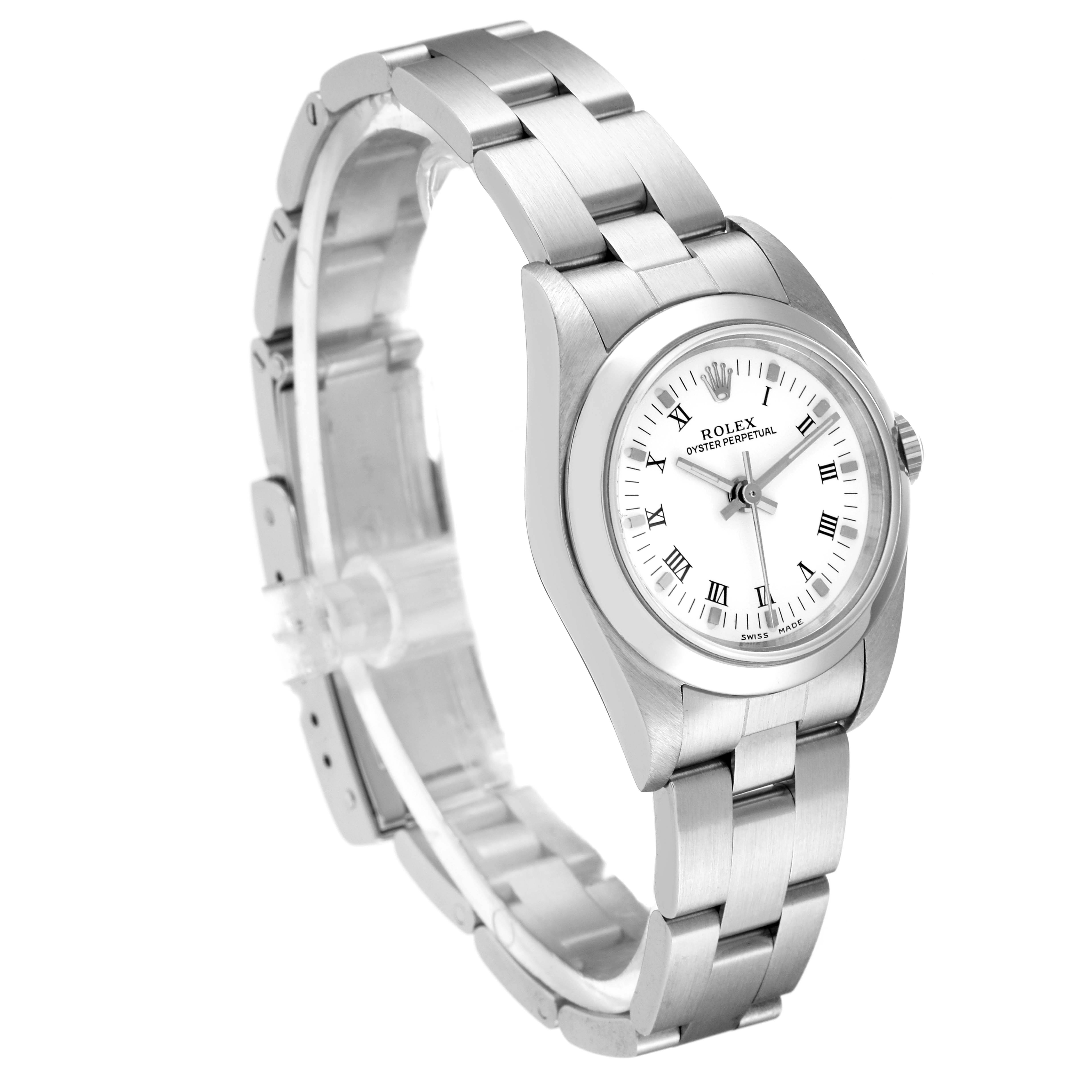 The image shows a side angle of the Rolex Oyster Perpetual 76080 Women's Stainless Steel White Dial 76080 Women's Stainless Steel White Dial watch, highlighting its face, case, and bracelet.