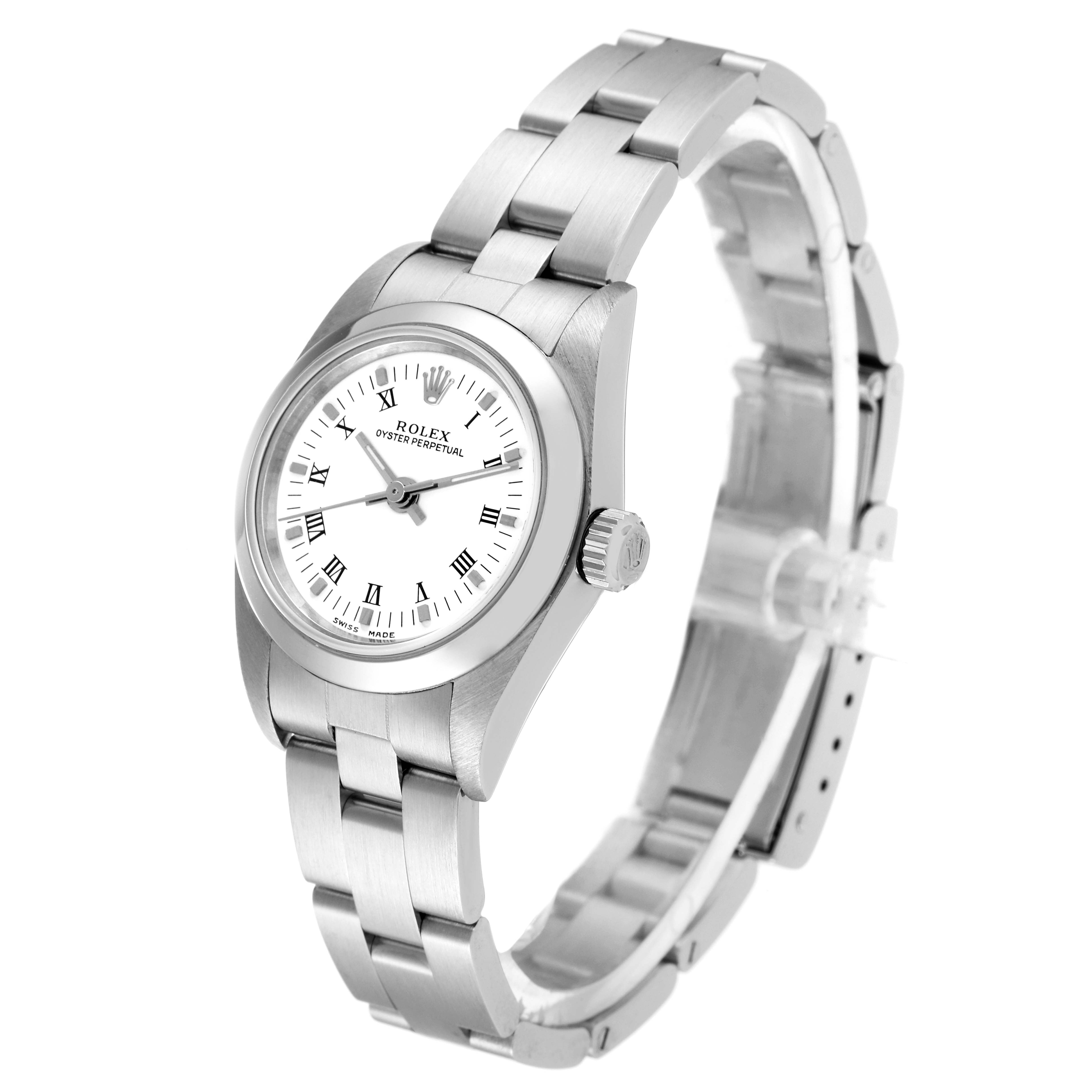 The Rolex Oyster Perpetual 76080 Women's Stainless Steel White Dial 76080 Women's Stainless Steel White Dial watch is shown at a slight angle, displaying the face, crown, and bracelet.