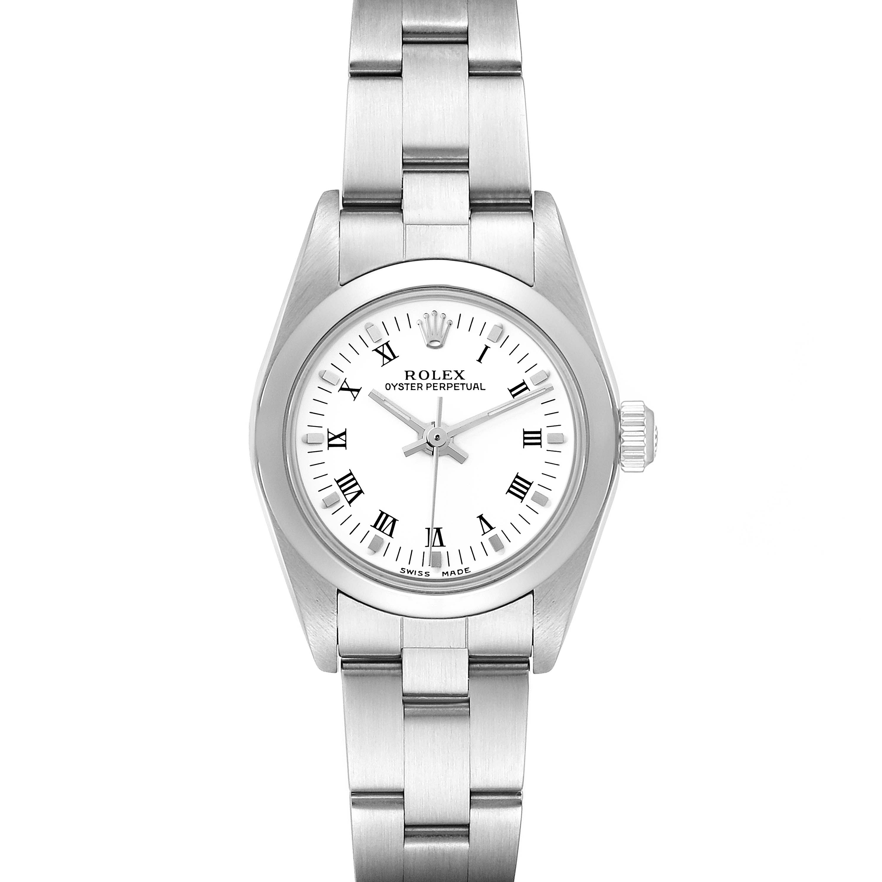 The image shows a Rolex Oyster Perpetual 76080 Women's Stainless Steel White Dial 76080 Women's Stainless Steel White Dial watch from a top view, highlighting its dial, bracelet, and crown.