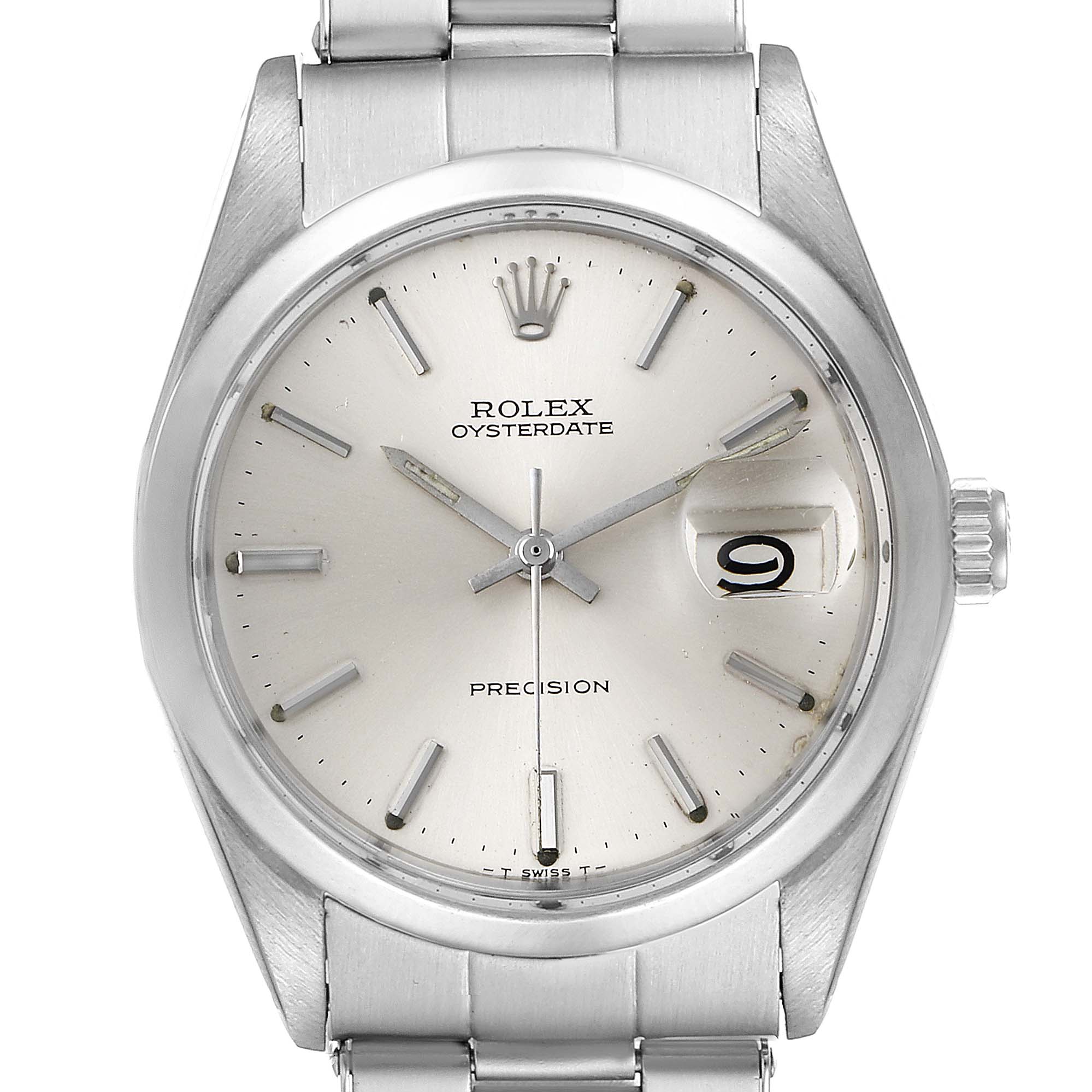 The image shows a frontal view of the Vintage Collection Rolex Oysterdate Precision watch, displaying its face and bracelet.