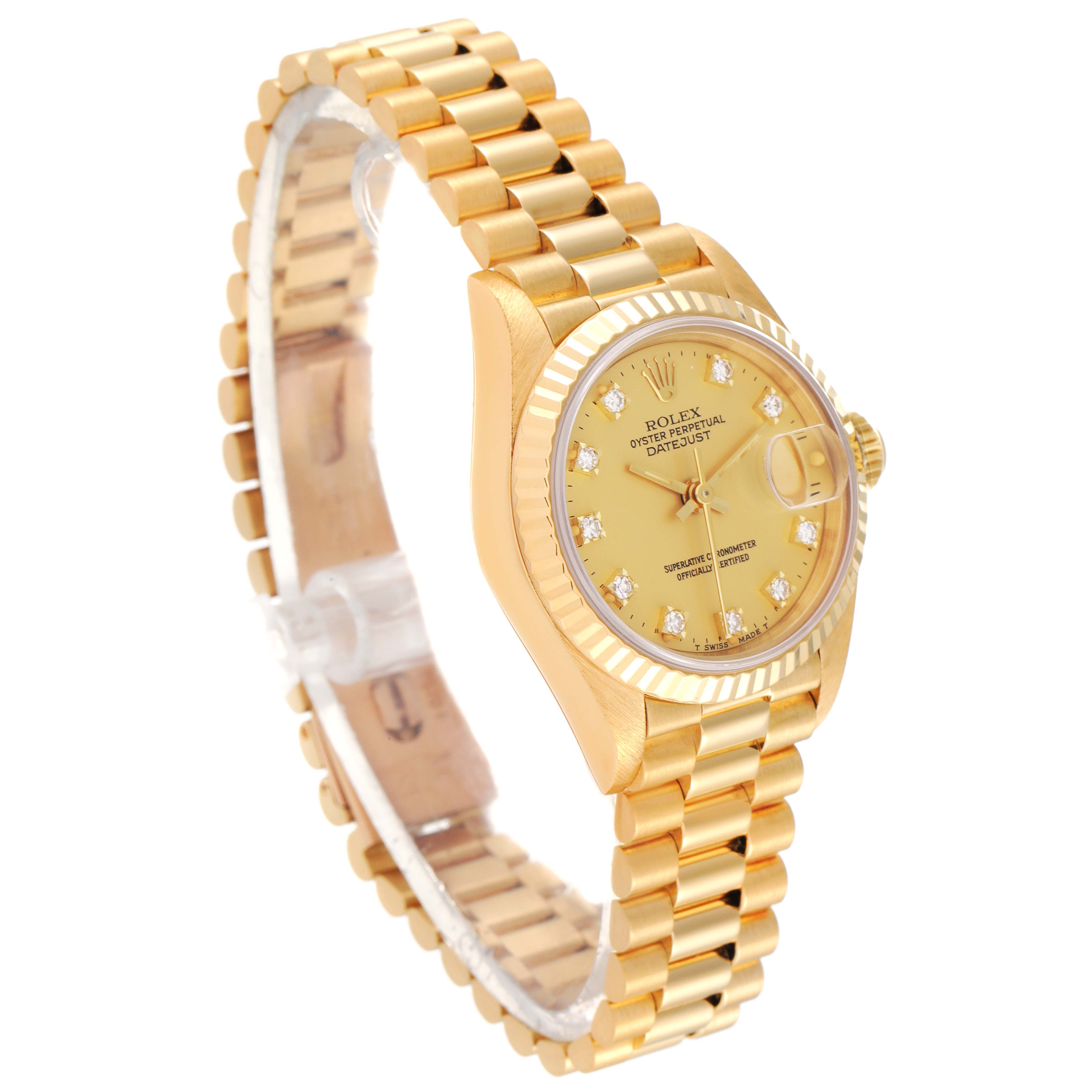 The image shows a side angle view of a gold Rolex President 69178 Women's Yellow Gold Champagne Dial 69178 Women's Yellow Gold Champagne Dial model watch, displaying its bracelet, dial, and case.