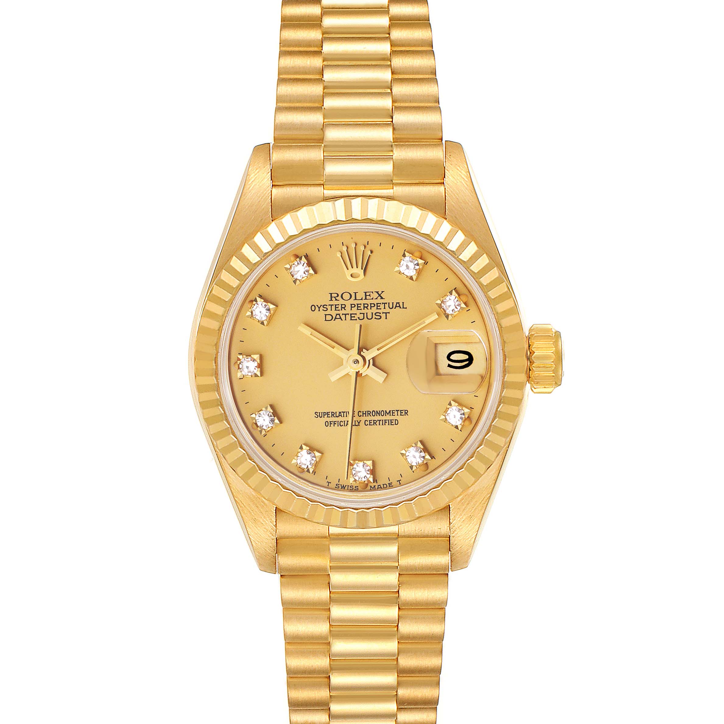 The Rolex President 69178 Women's Yellow Gold Champagne Dial 69178 Women's Yellow Gold Champagne Dial Datejust watch is shown from the front, highlighting its gold bracelet, case, dial, and diamond hour markers.