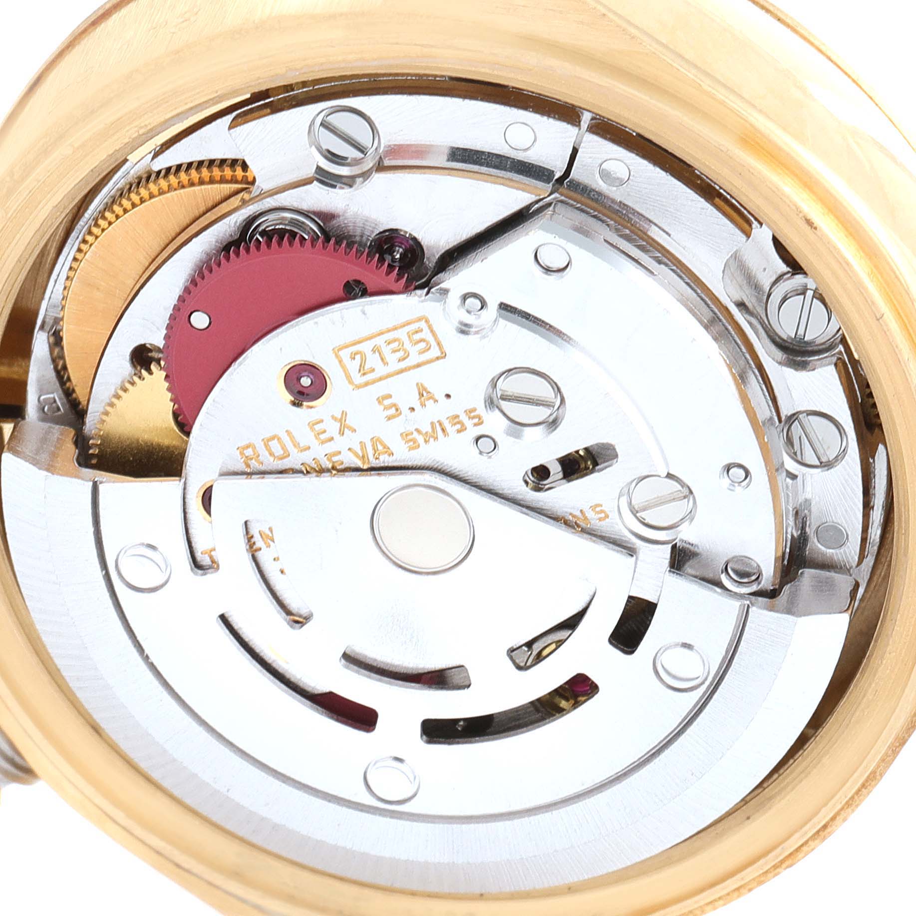 The image shows a detailed view of the movement mechanism inside a Rolex President 69178 Women's Yellow Gold Champagne Dial 69178 Women's Yellow Gold Champagne Dial model watch.