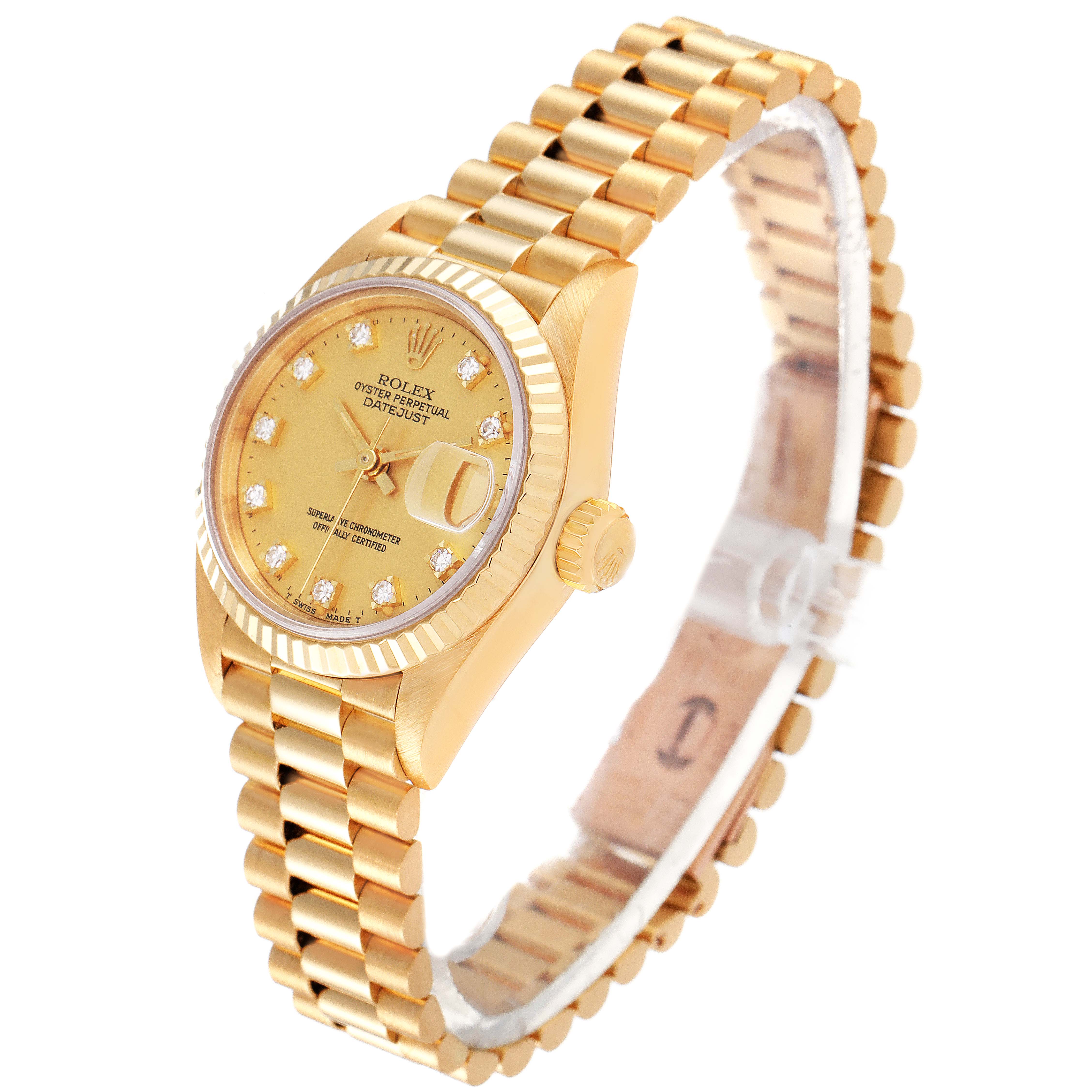 The image shows a Rolex President 69178 Women's Yellow Gold Champagne Dial 69178 Women's Yellow Gold Champagne Dial model watch angled to display its watch face, bezel, crown, and bracelet.
