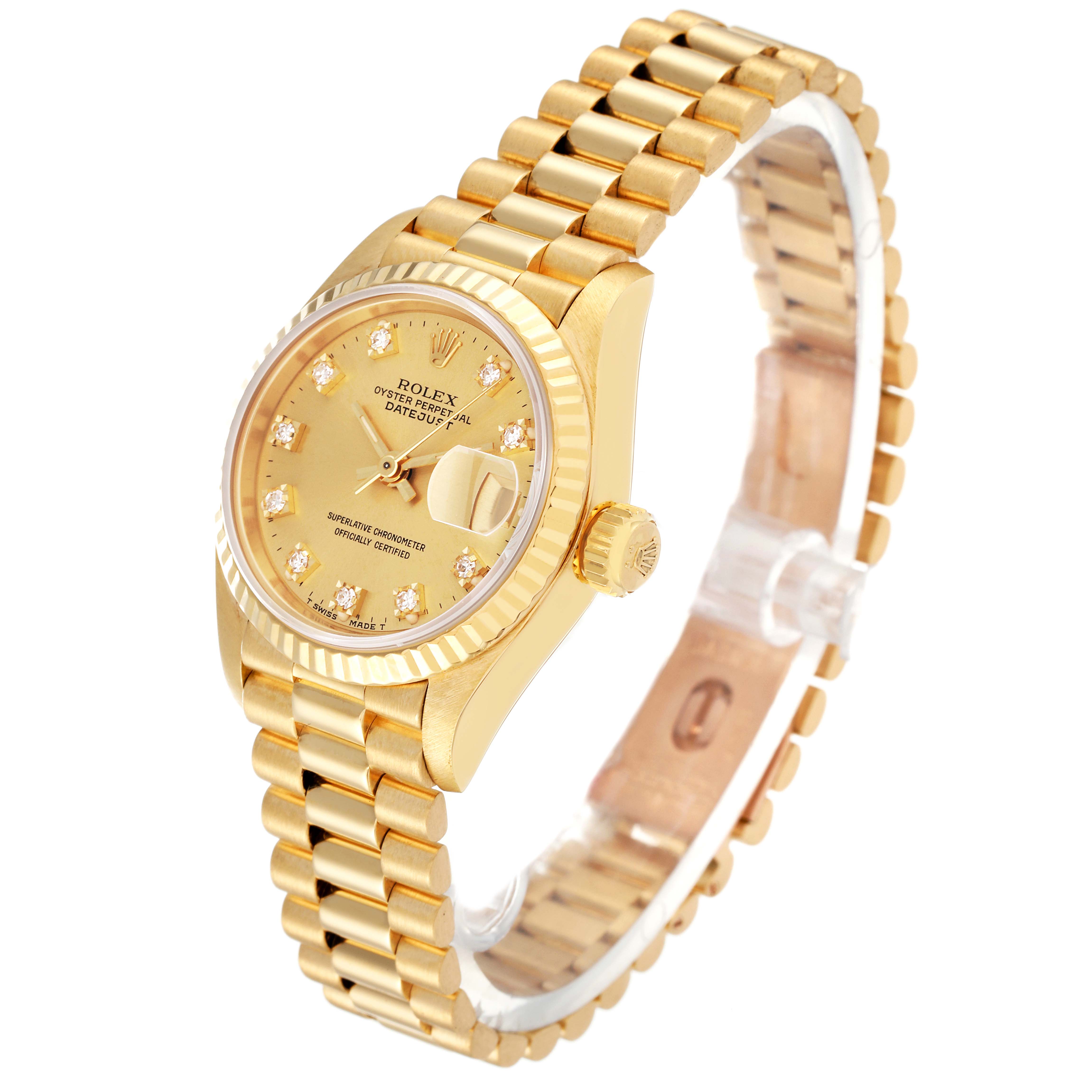 The image shows an angled view of a Rolex President 69178 Women
s Yellow Gold Champagne Dial 69178 Women
s Yellow Gold Champagne Dial model watch, highlighting the gold case, dial, and bracelet.