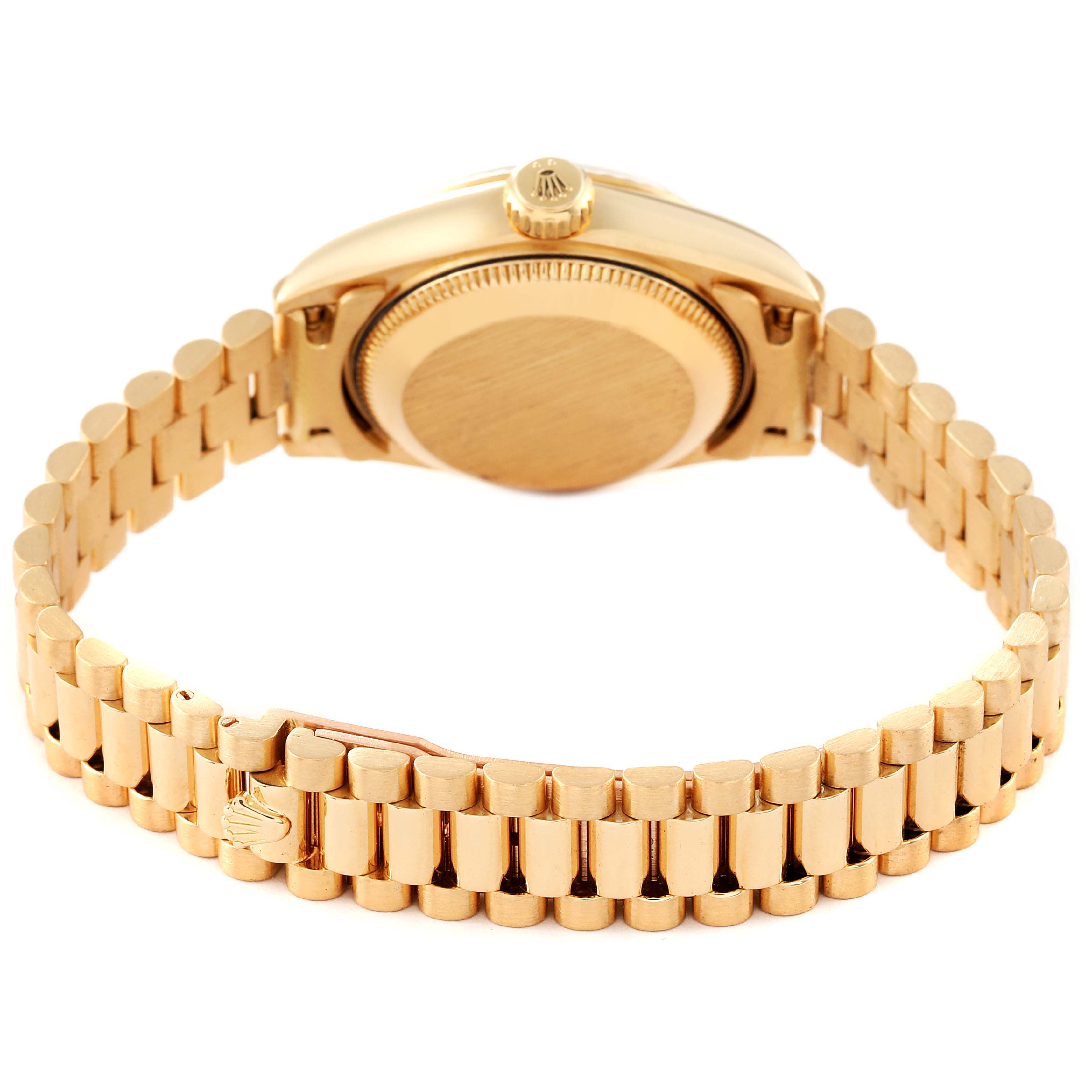 The image shows the back and side view of the Rolex President 69178 Women
s Yellow Gold Champagne Dial 69178 Women
s Yellow Gold Champagne Dial model watch, highlighting its bracelet and crown.
