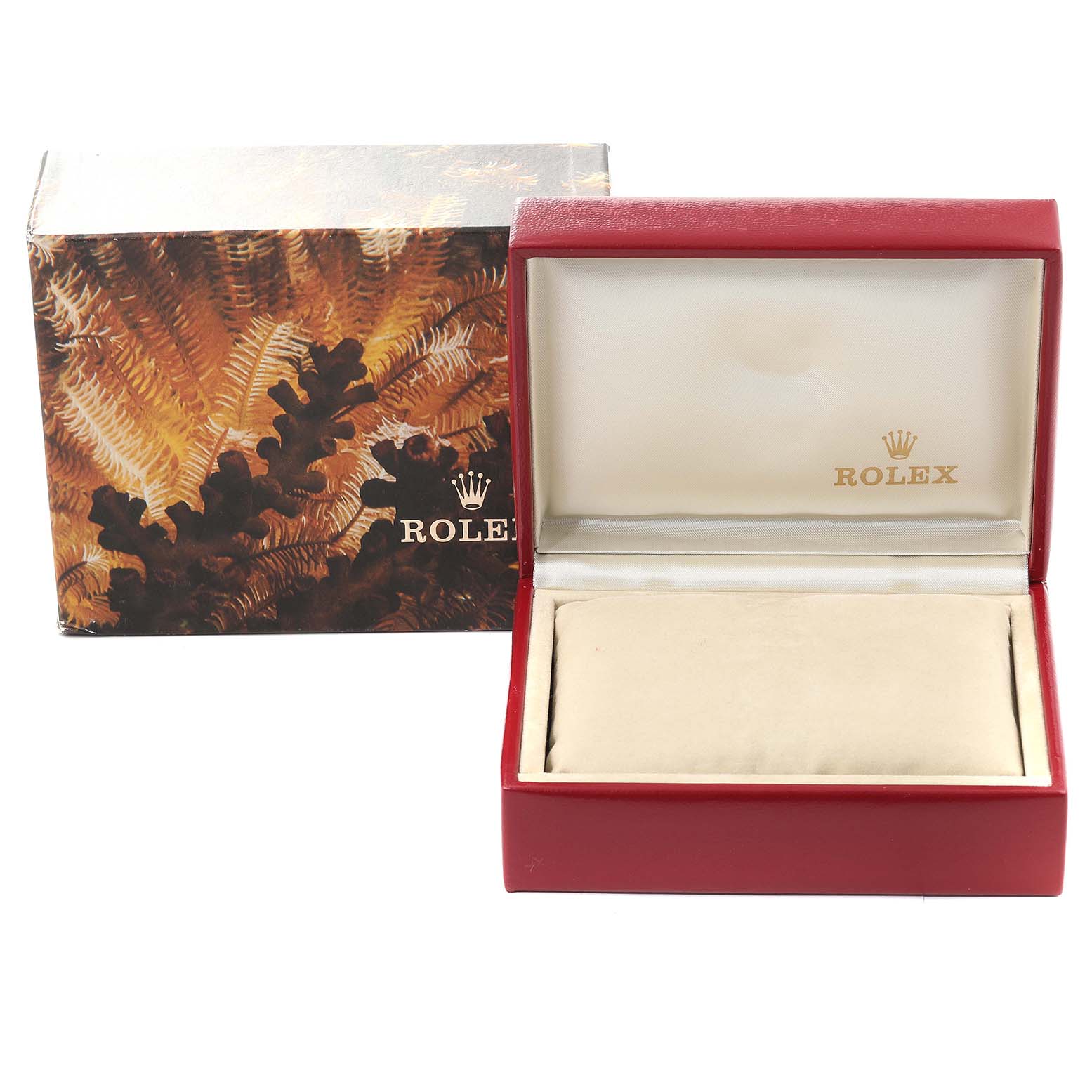 This image shows a red Rolex President 69178 Women
s Yellow Gold Champagne Dial 69178 Women
s Yellow Gold Champagne Dial watch box with an outer decorative box, both viewed from the front.