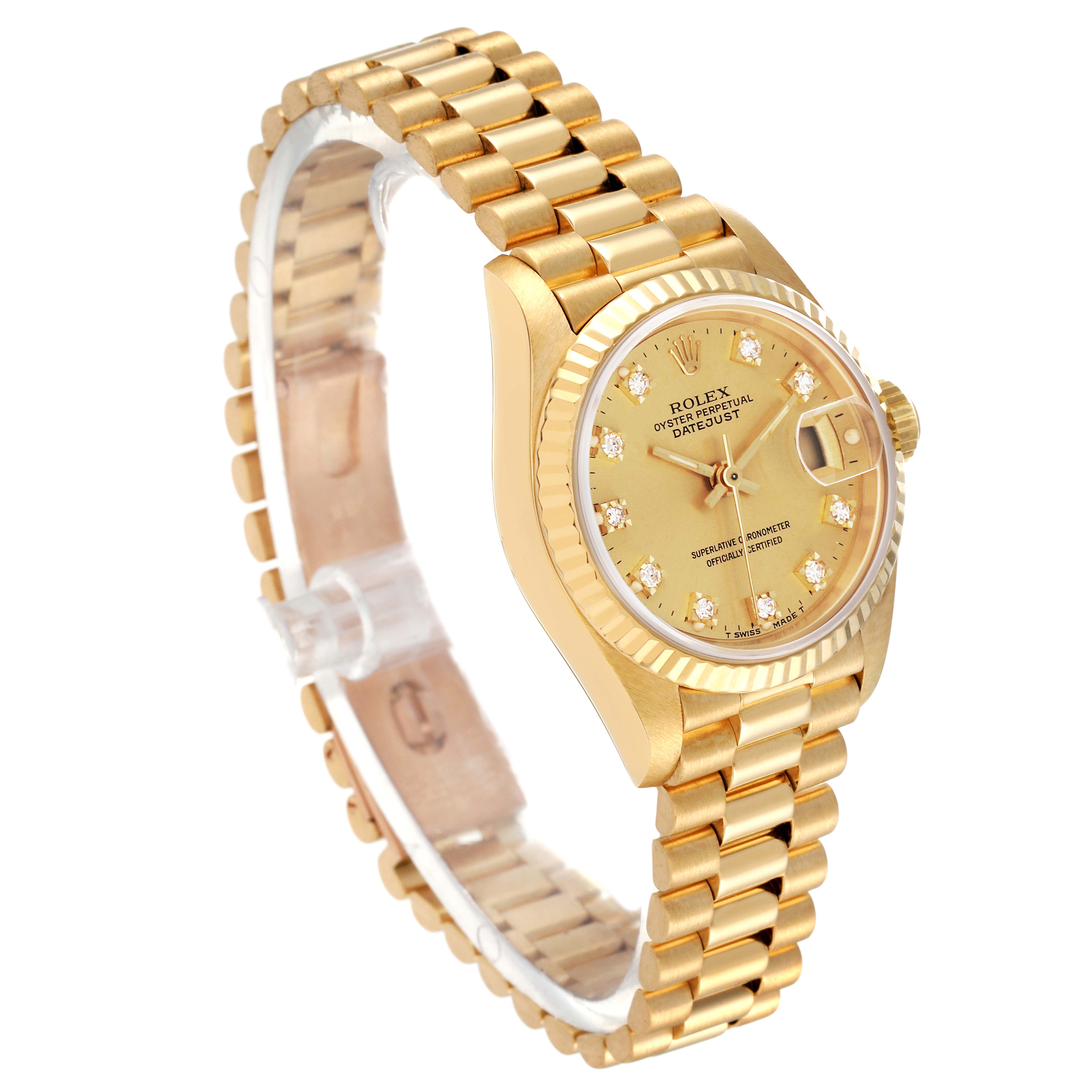The image shows a gold Rolex President 69178 Women
s Yellow Gold Champagne Dial 69178 Women
s Yellow Gold Champagne Dial model watch at a 45-degree angle, highlighting its band, face, and crown.