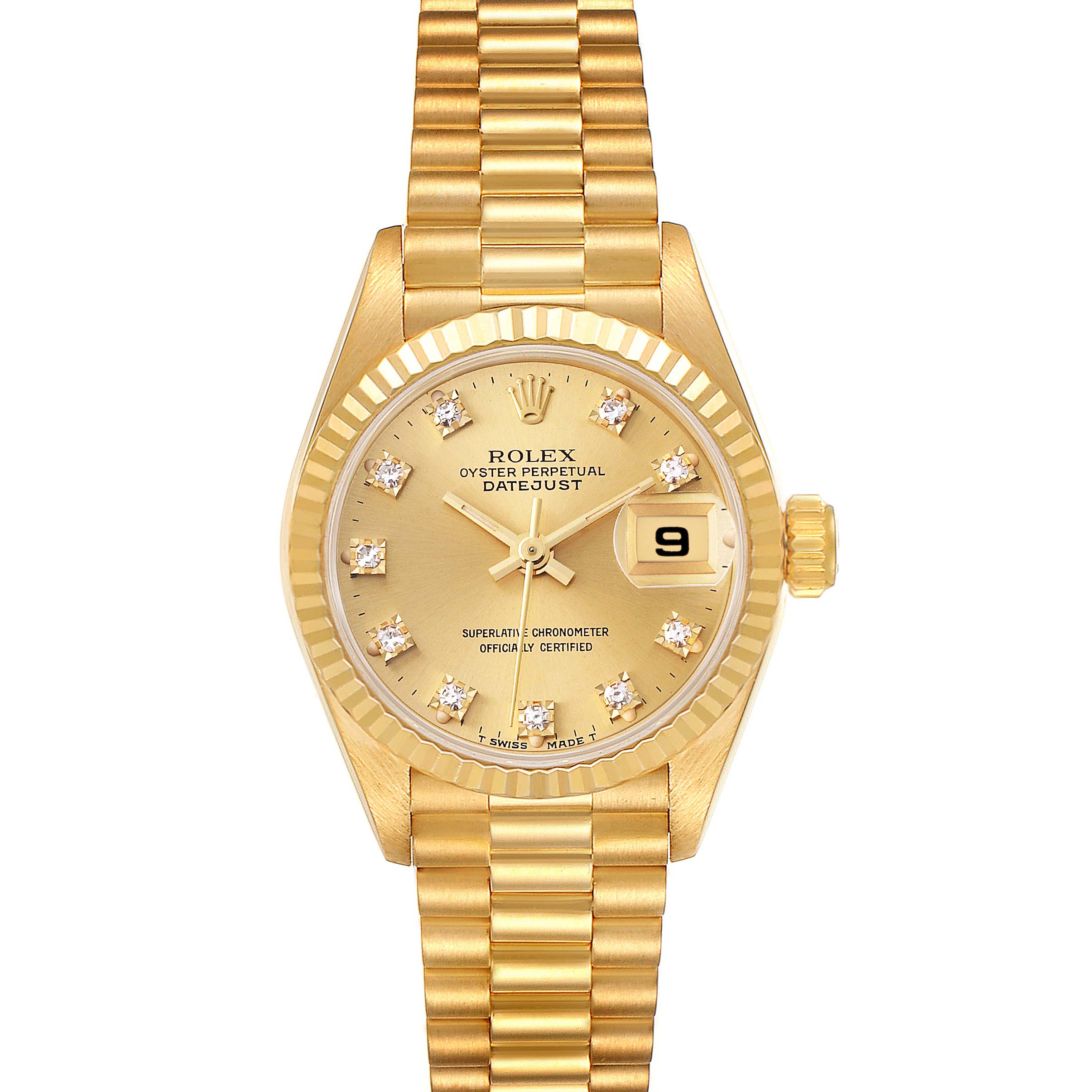This image shows the dial, bezel, and bracelet of a Rolex President 69178 Women
s Yellow Gold Champagne Dial 69178 Women
s Yellow Gold Champagne Dial model watch, viewed from the front.