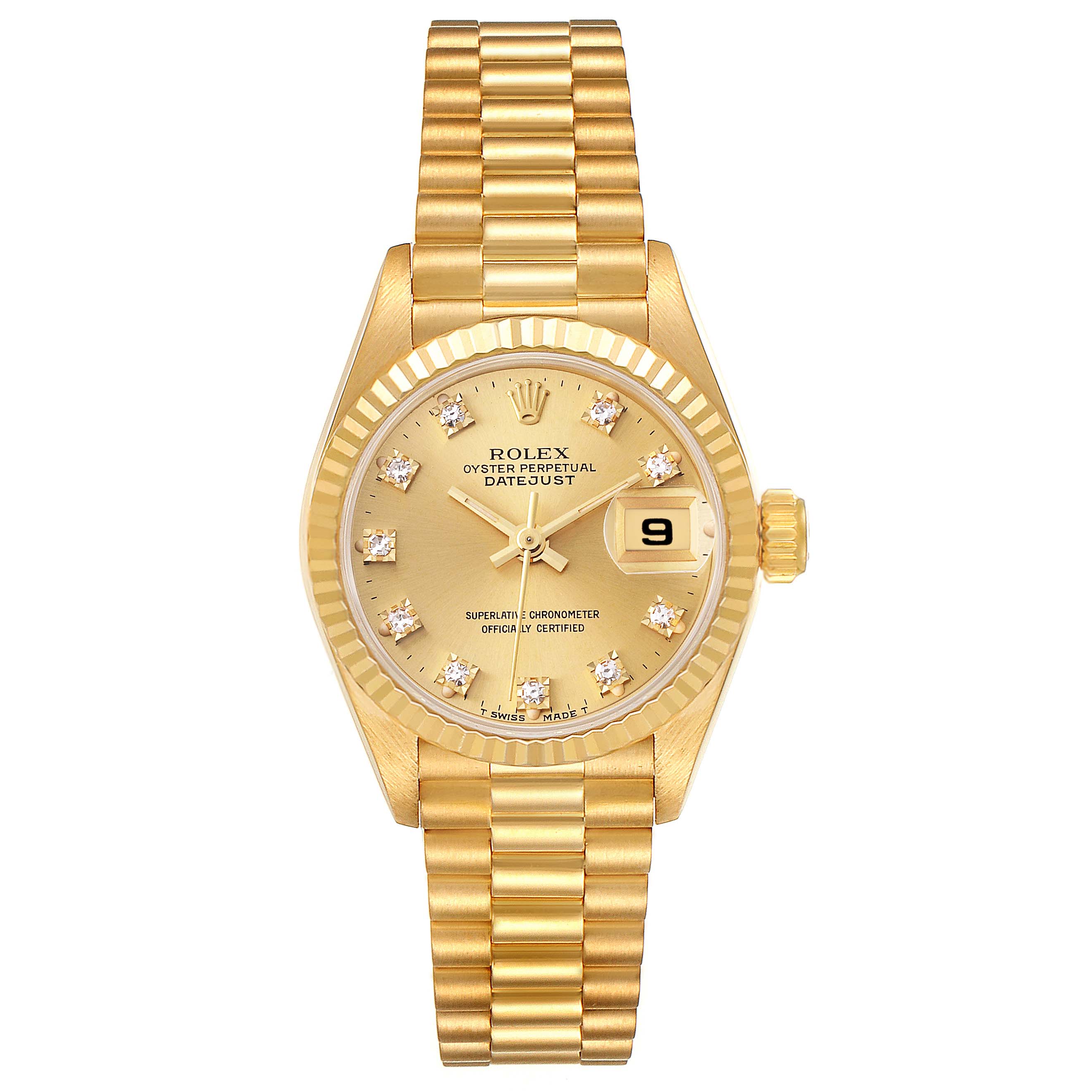 This image shows a front view of a Rolex President 69178 Women
s Yellow Gold Champagne Dial 69178 Women
s Yellow Gold Champagne Dial model watch featuring a gold dial, diamond hour markers, and a gold bracelet.