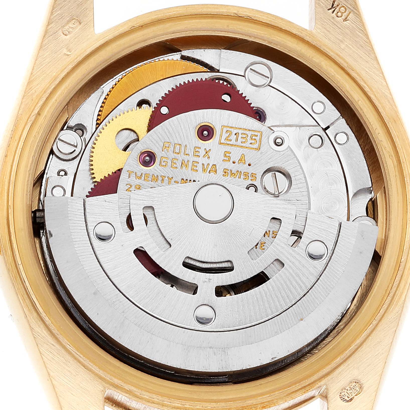 This image shows the internal mechanical movement of a Rolex President 69178 Women
s Yellow Gold Champagne Dial 69178 Women
s Yellow Gold Champagne Dial model watch, viewed from the back.
